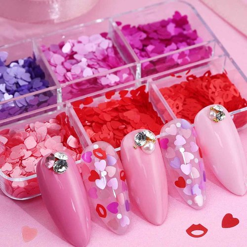 6 Grids Valentine's Day Heart Glitter Multiple Colors Sequins for Nail Art Heart Charms Christmas Nails Hollow-Out Flakes Heart Acrylic 3D Holographic Glitter Flakes Heart Nail Designs Decor