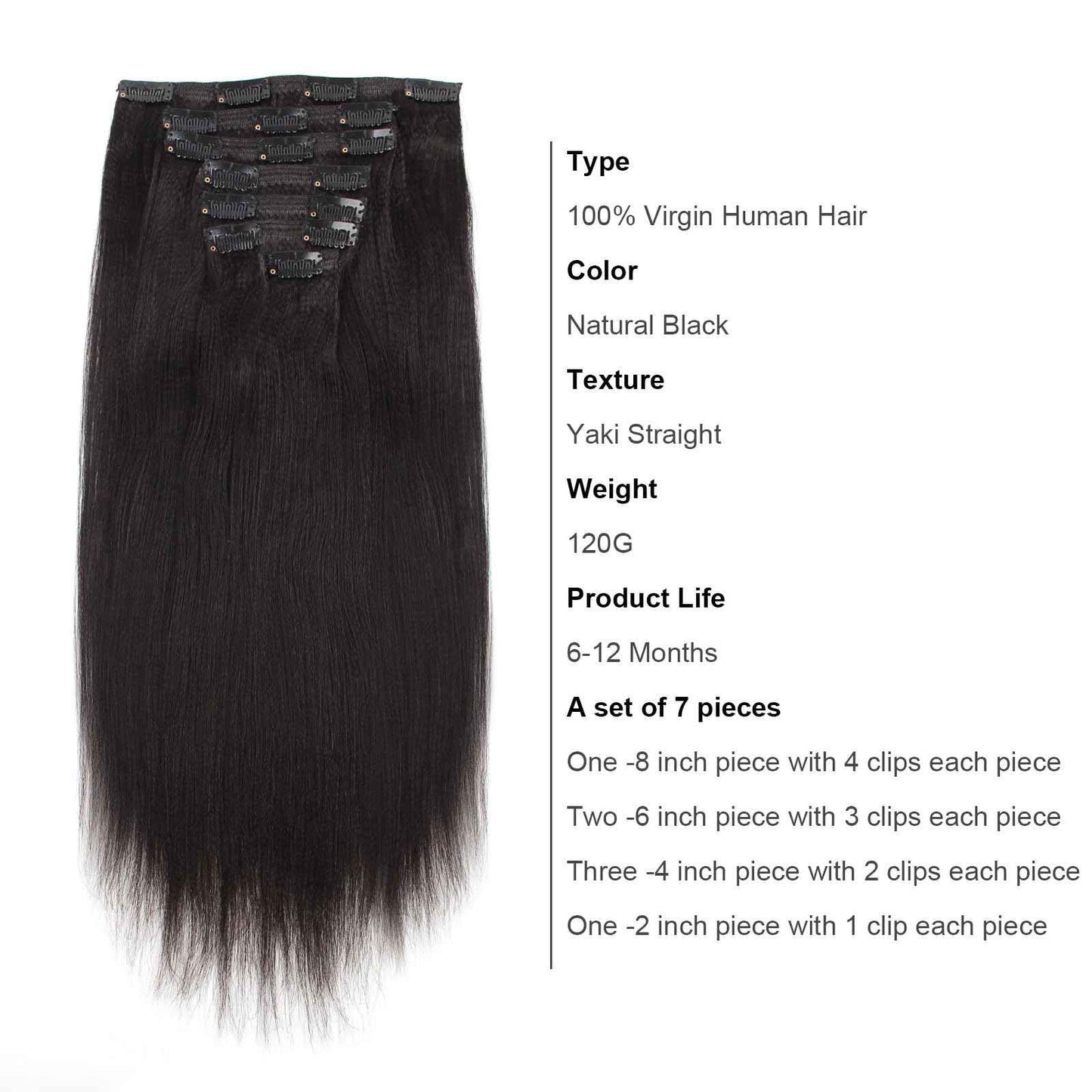 ABH AmazingBeauty Hair Yaki Straight Clip Ins Human Hair Extensions for Black Women Natural Black Light Yaki Clip ins 7 Pieces 120 Gram Per Set, 12 Inch