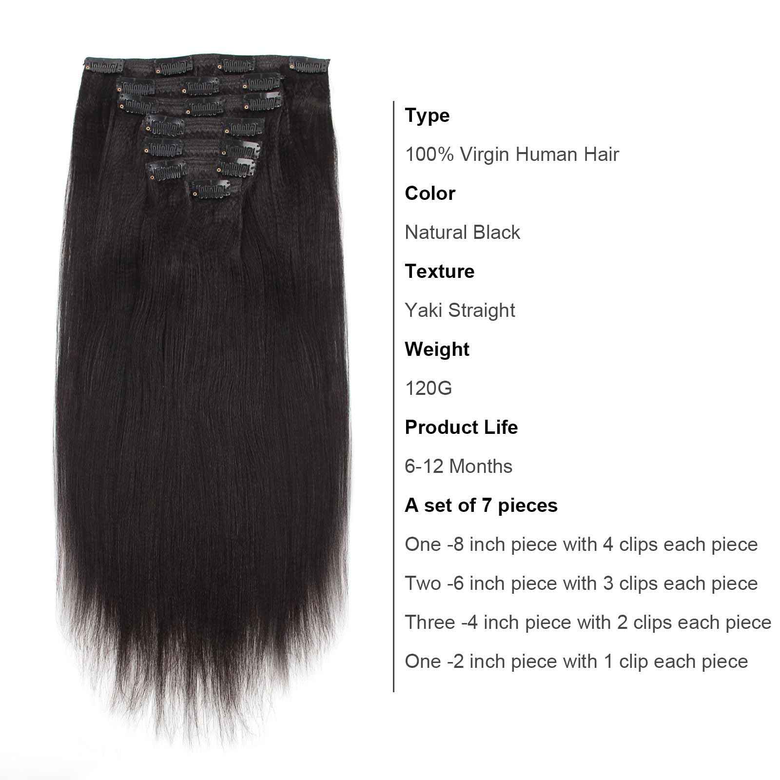 ABH AmazingBeauty Hair Yaki Straight Clip Ins Human Hair Extensions for Black Women Natural Black Light Yaki Clip ins 7 Pieces 120 Gram Per Set, 12 Inch