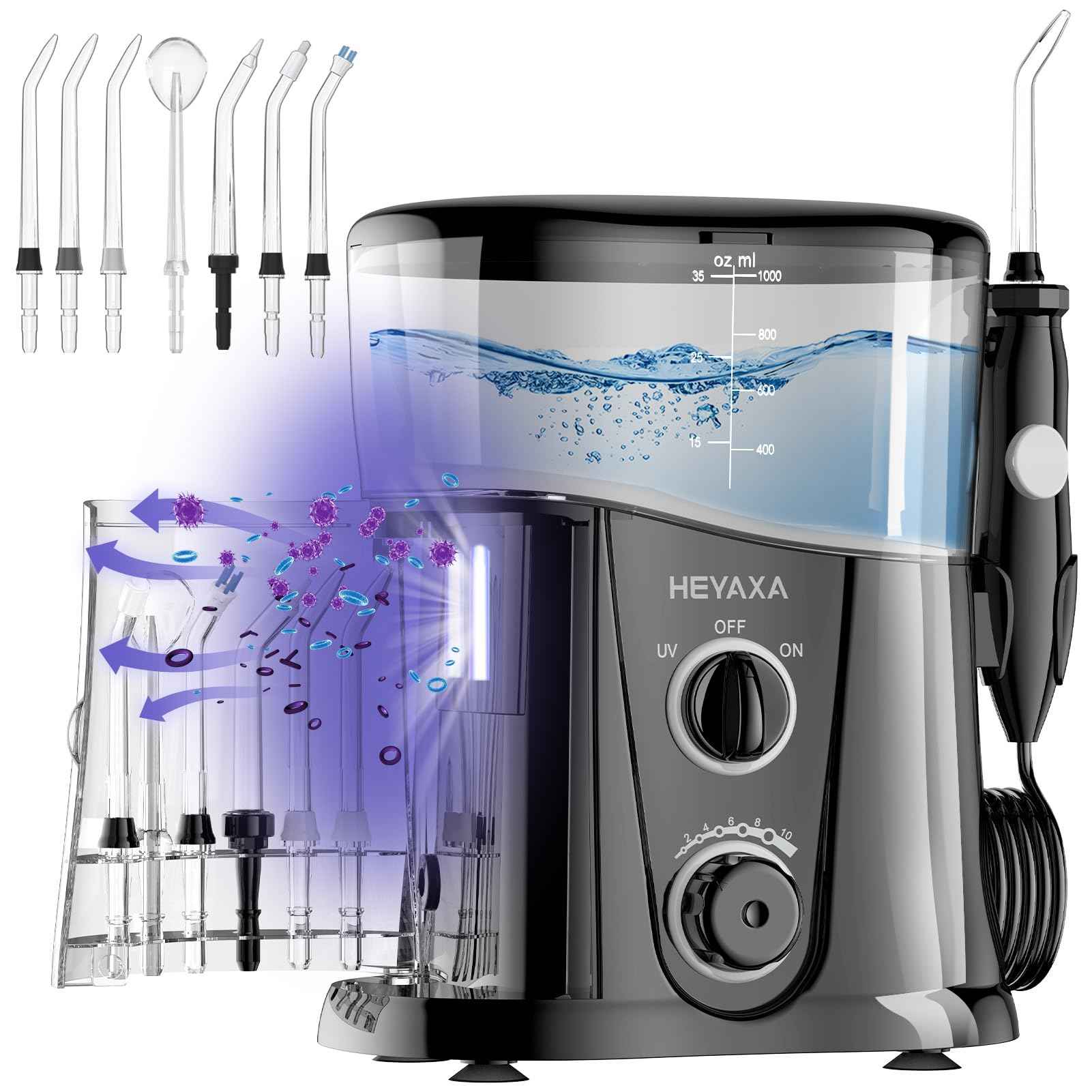 HEYAXA Water Dental Flosser for Teeth Cleaning with 1000ML Large Capacity and UV Storage, 10 Adjustable Pressure Electric Oral Irrigator with 7 Jet Tips, Gifts for Dental Health Seekers (Black)