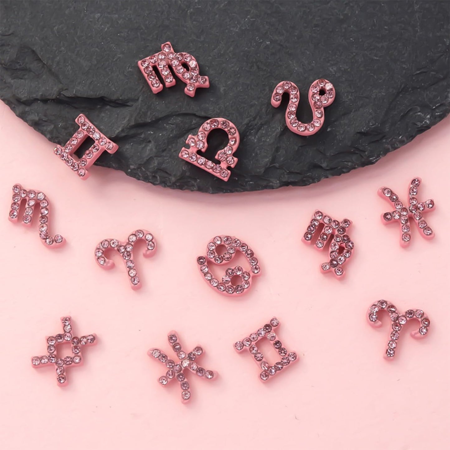 AZPEPSI 24Pcs 12Constellation Nail Charms Pink Alloy Zodiac Sign Charms for Acrylic Nails 3D Rhinestone Jewelry Nail Charms for Women Girls DIY Manicure Designs Nail Accessories Decorations Crafts