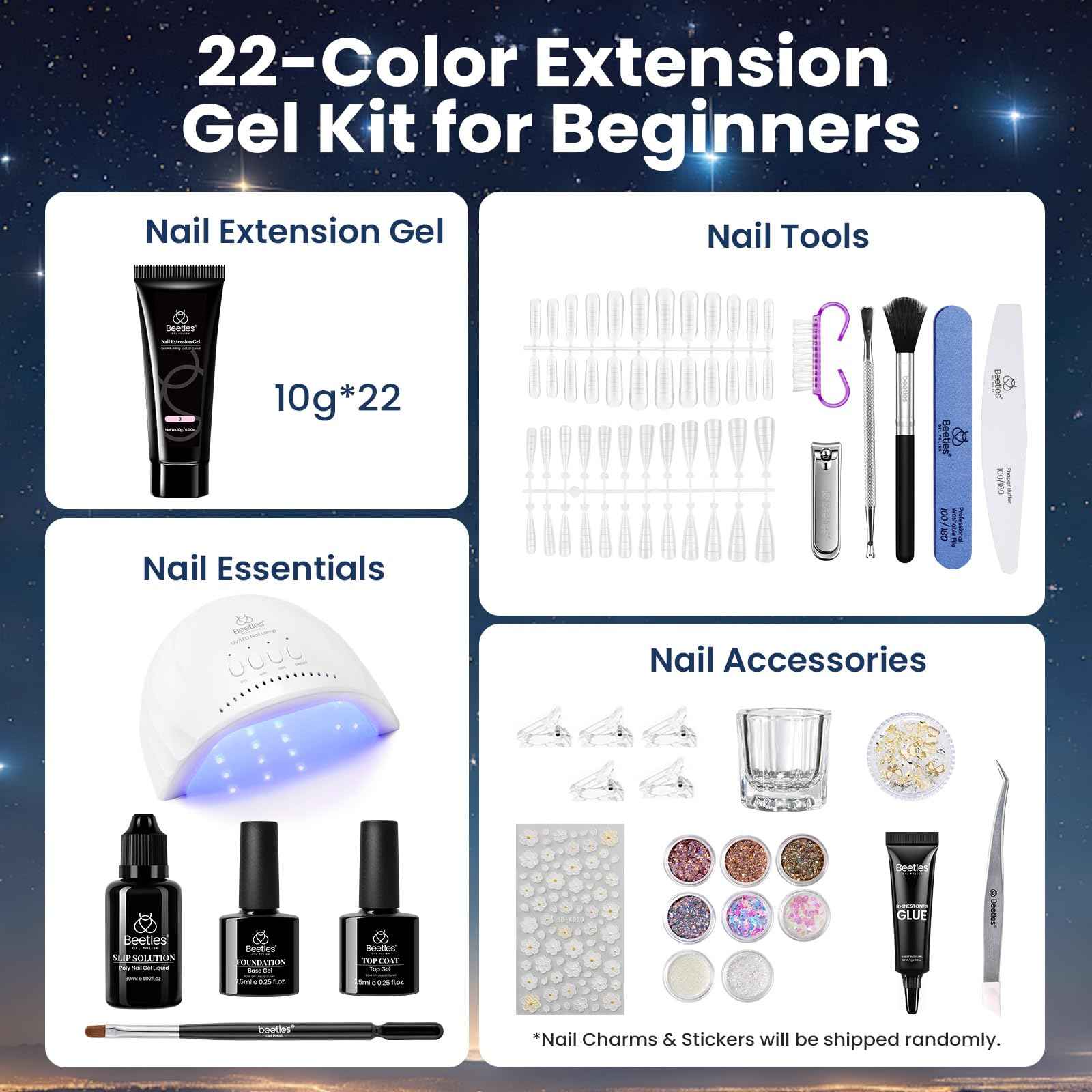 Beetles 22 Colors Poly Extension Gel Nail Kit With U V Lamp Jelly Nude Pink All In One Poly Nail Gel Starter Kit With Base Top Coat Manicure Salon Gift for Women Girls