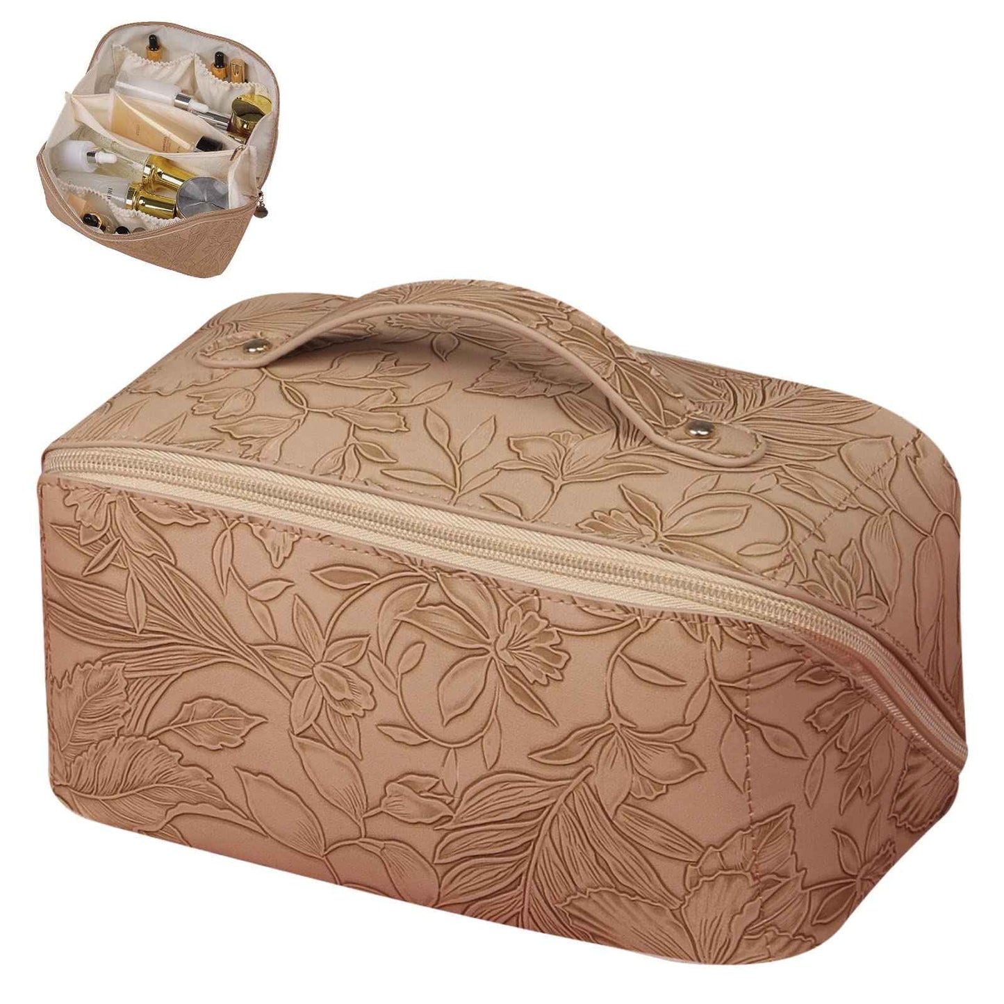 BAKLUCK Large Capacity Travel Cosmetic Bag with Compartment, Waterproof PU Leather Portable Flower Makeup Organizer Bag for Women and Girls - Khaki