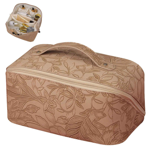 BAKLUCK Large Capacity Travel Cosmetic Bag with Compartment, Waterproof PU Leather Portable Flower Makeup Organizer Bag for Women and Girls - Khaki