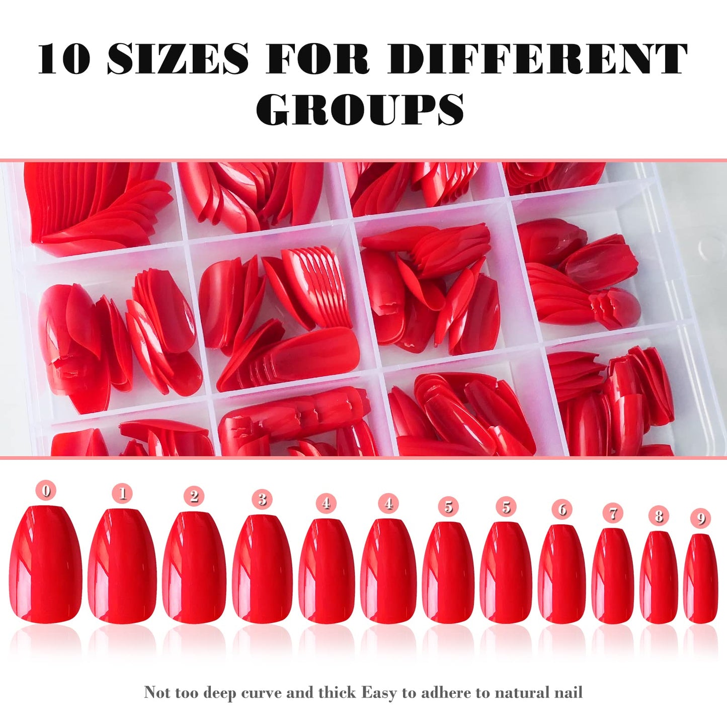 LoveOurHome 240pc Coffin Press on Nails Medium Length, Full Cover Short Ballerina Red Fake Nail Colored Artificial False Fingernail Acrylic Presson Tips with Glue Ahdesive Tabs for Women Girls