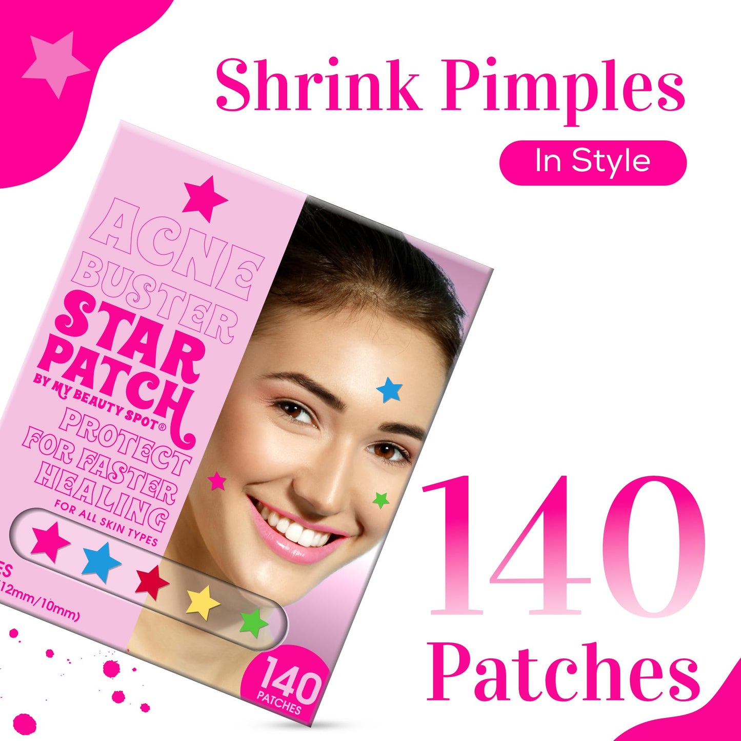 My Beauty Spot Star Pimple Patches Cute Acne Patches for Face (140 Patches) with Hydrocolloid, Tea Tree Extra & Salicylic Acid, Colorful Fun Designs – Pimple Patches for Face Acne Spot Treatment