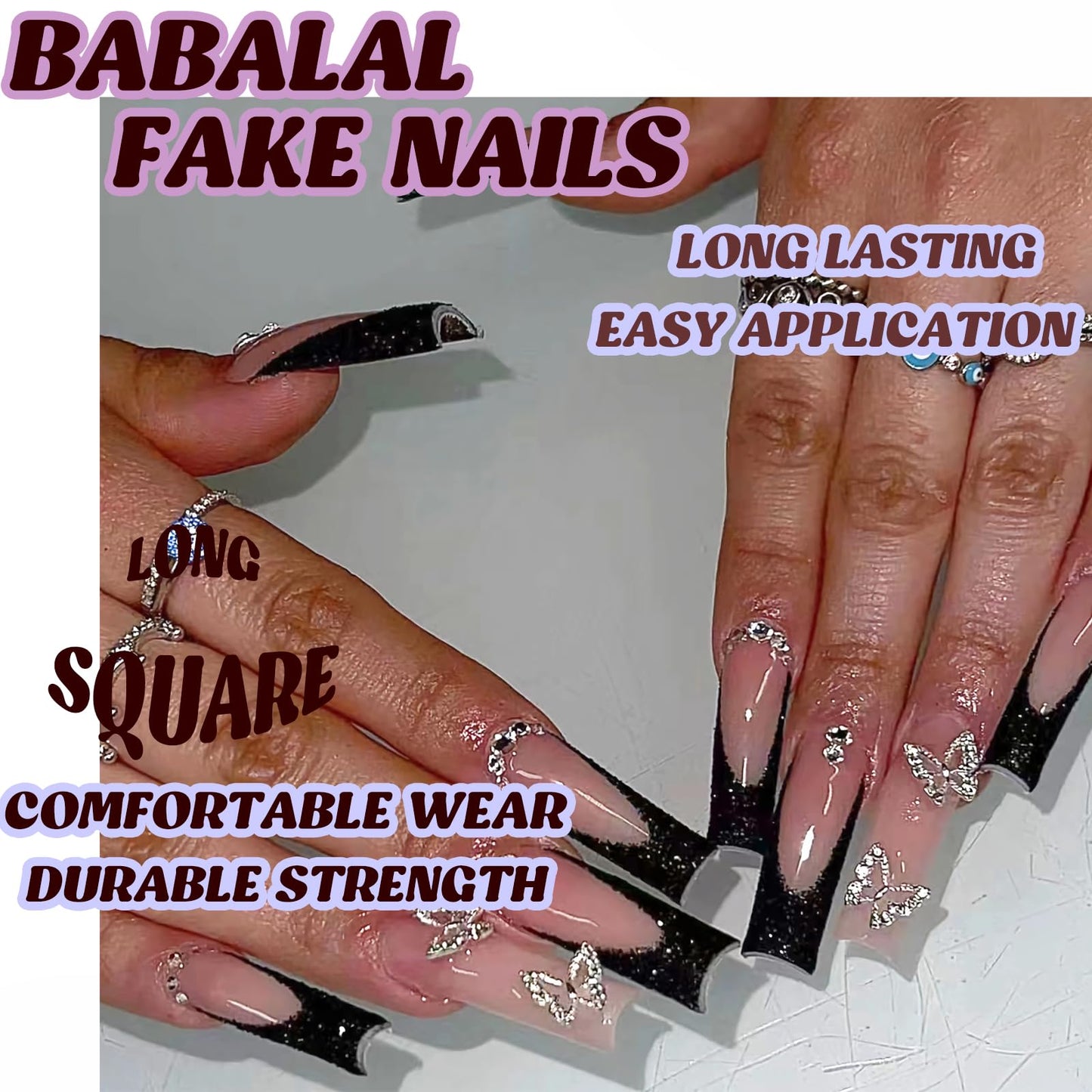 BABALAL French Tip Press on Nails Long Square Fake Nails Black Sparkly Glue on Nails Glitter Butterfly Charm Design Rhinestone Acrylic Nails 24Pcs Squoval Manicure Artificial False Nails