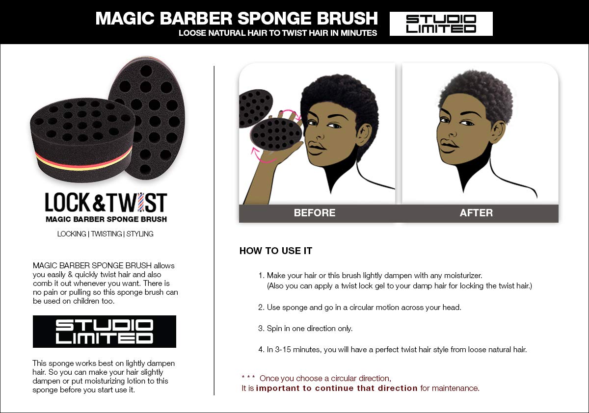 STUDIO LIMITED Barber Hair Brush Sponge, Barber Tool for Dreads Afro Locs Curl Coil Black (4 PACK)