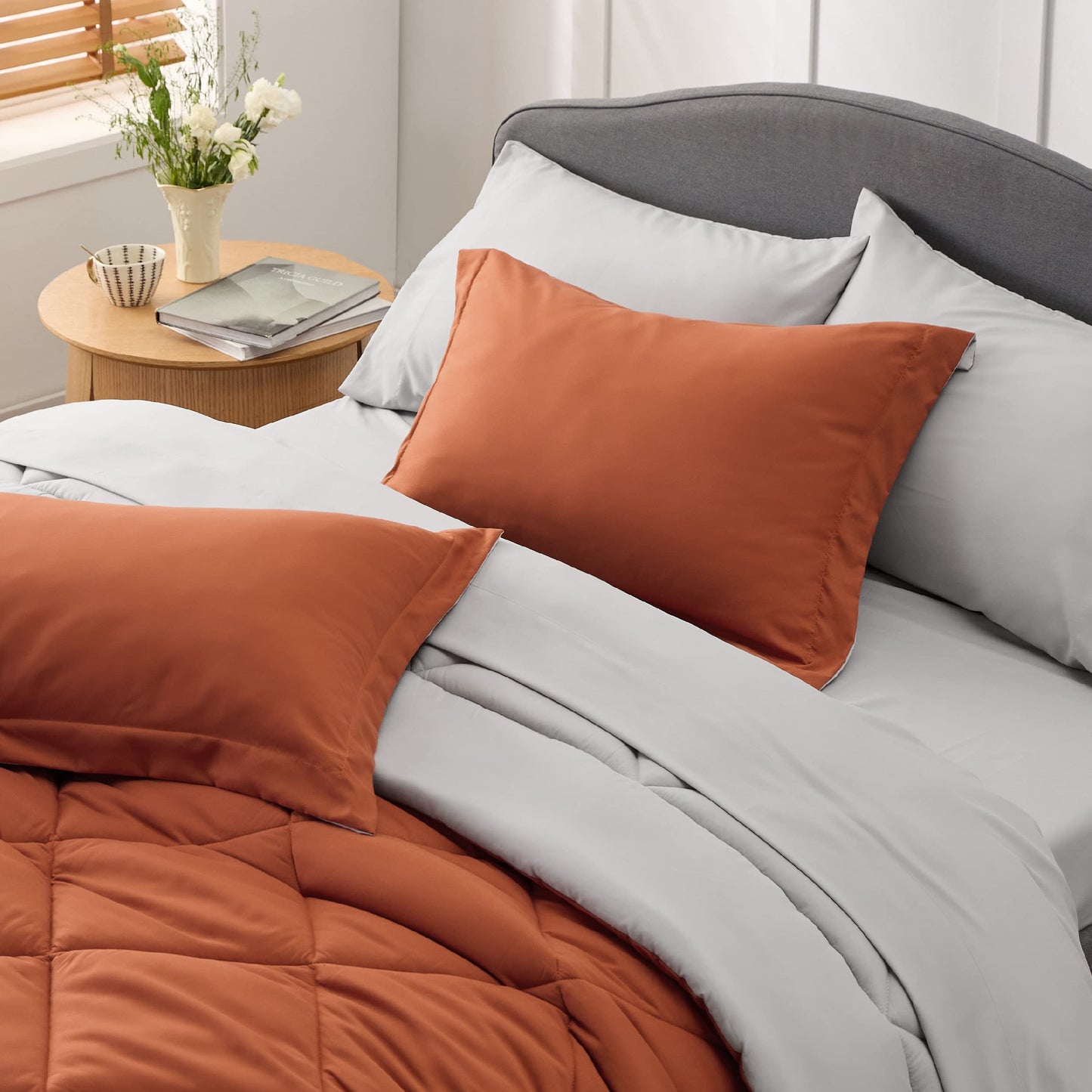 Bedsure Burnt Orange Twin Comforter Set - 5 Pieces Reversible Twin Bed in a Bag, Extra Long Twin Bed Set with Comforters, Sheets, Pillowcase & Sham, Twin Bedding Sets for College