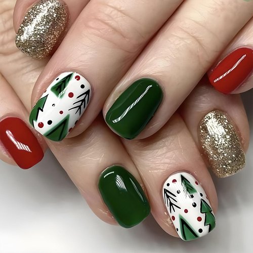 Christmas Press on Nails Short Square Fake Nails Press ons with Golden Glitter Christmas tree Design False Nails Red Green Full Cover Glue on Nails Glossy Christmas Stick on Nails for Women 24Pcs