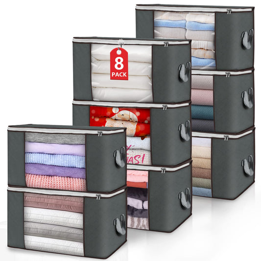 Large Storage Bags, 8 Pack Clothes Storage Bins Foldable Closet Organizers Storage Containers with Durable Handles Thick Fabric for Blanket Comforter Clothing Bedding 90L (Gray)