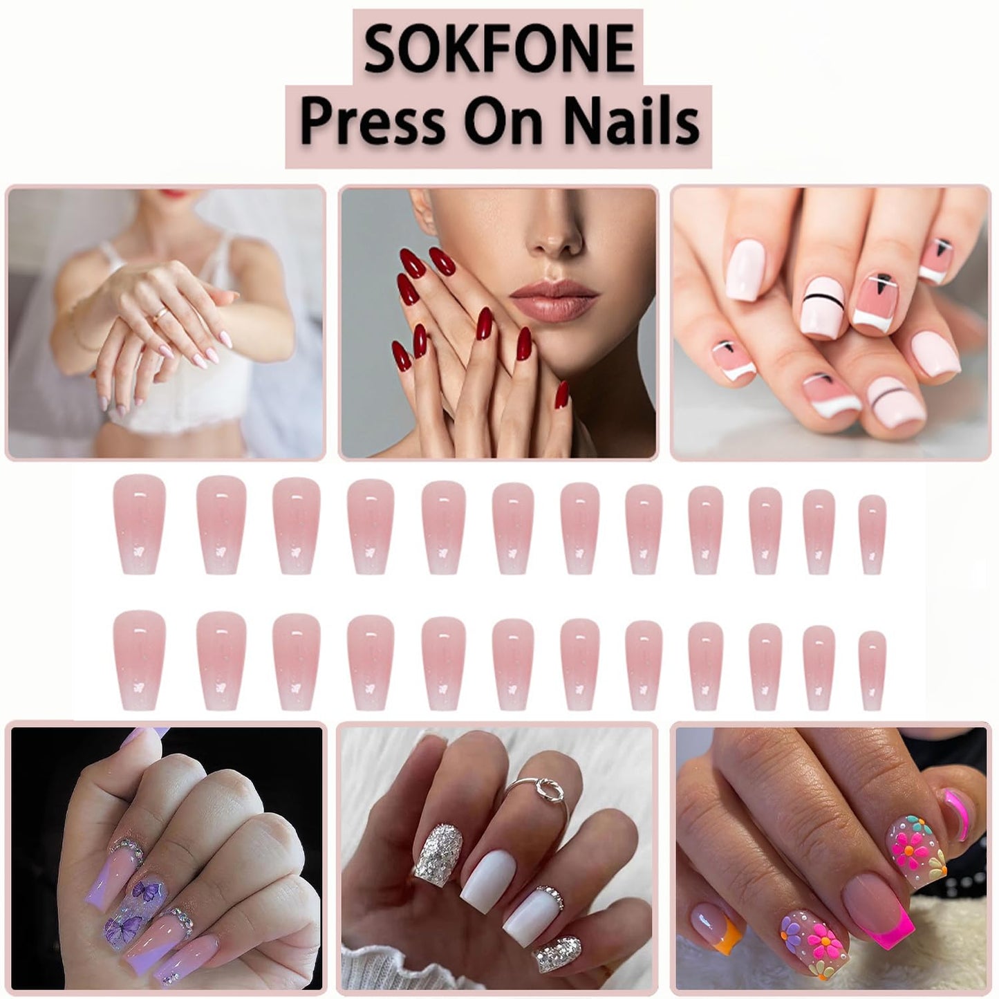 French Tip Press on Nails Medium Coffin Fake Nails Pink Nude False Nails Glossy Full Cover Acrylic Stick on Nails Winter Nail Supplies for Women 24Pcs