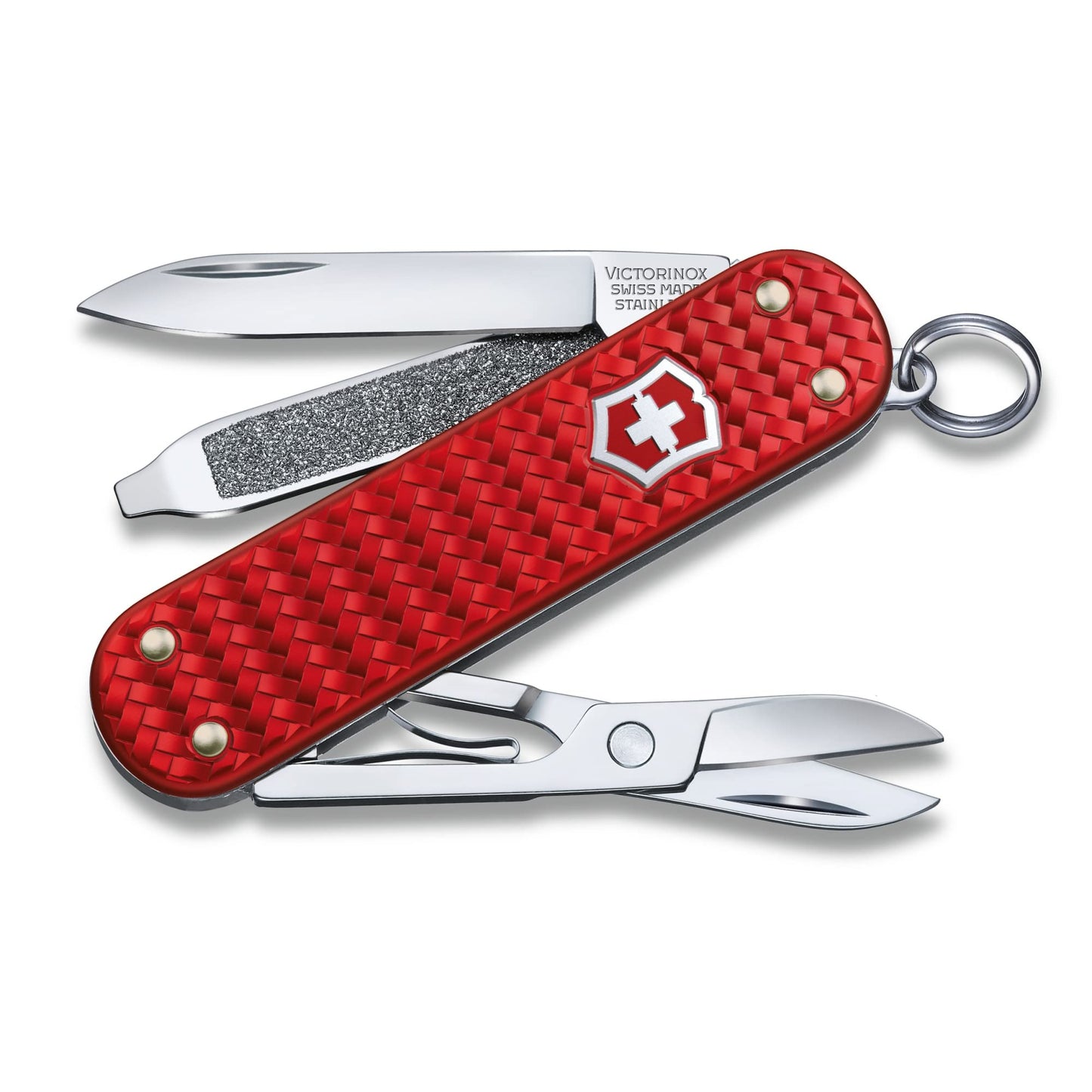 Victorinox Classic SD Precious Alox Swiss Army Knife, Compact 5 Function Swiss Made Pocket Knife with Small Blade, Screwdriver and Key Ring - Iconic Red