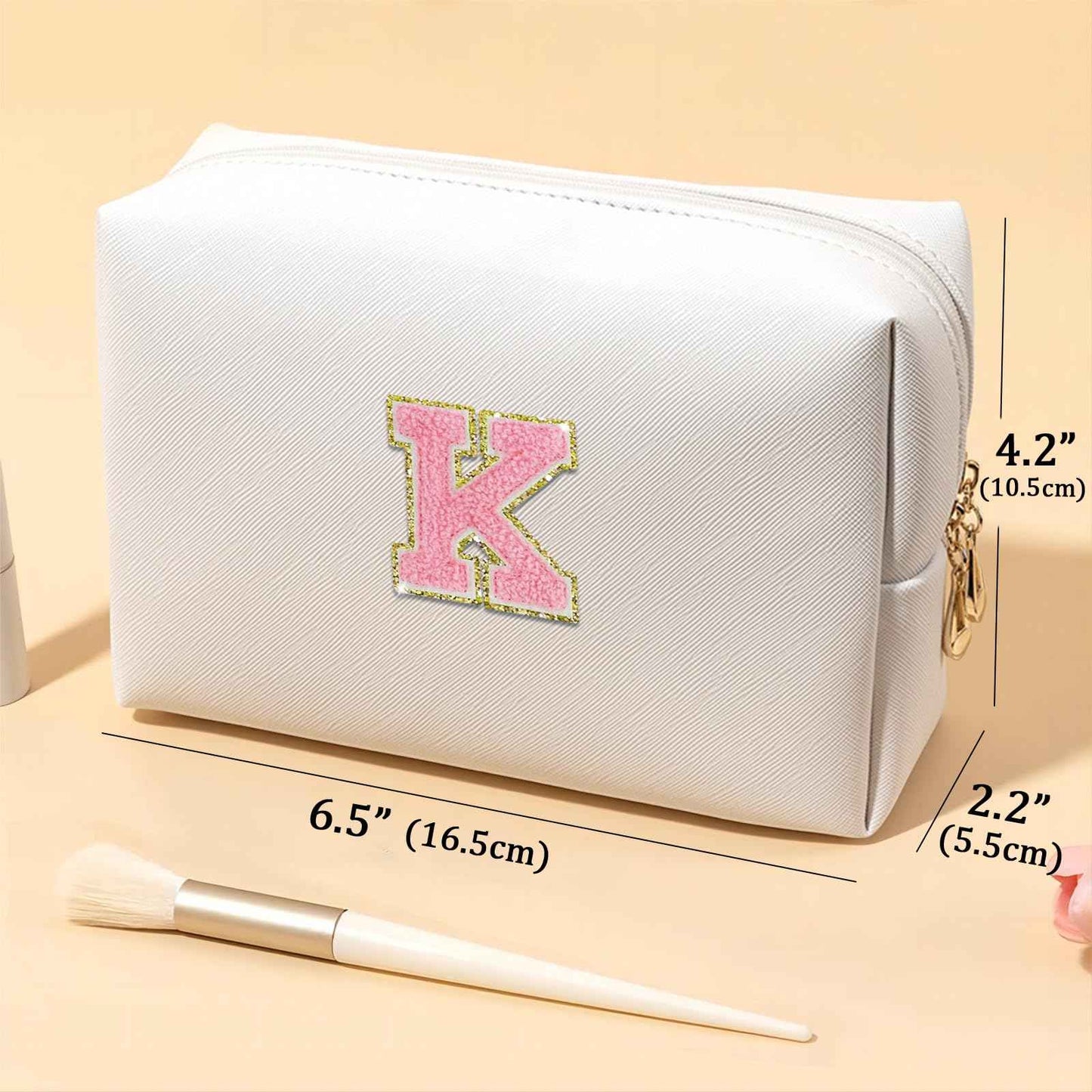 Fodofodo Personalized Initial Letter Makeup Bag,Preppy Patch Makeup Bag,PU Waterproof Travel Toiletry Bag,Chenille Letter Cosmetic Bag,Toiletry Zipper Pouch Organizer for Women Girls (White,U)