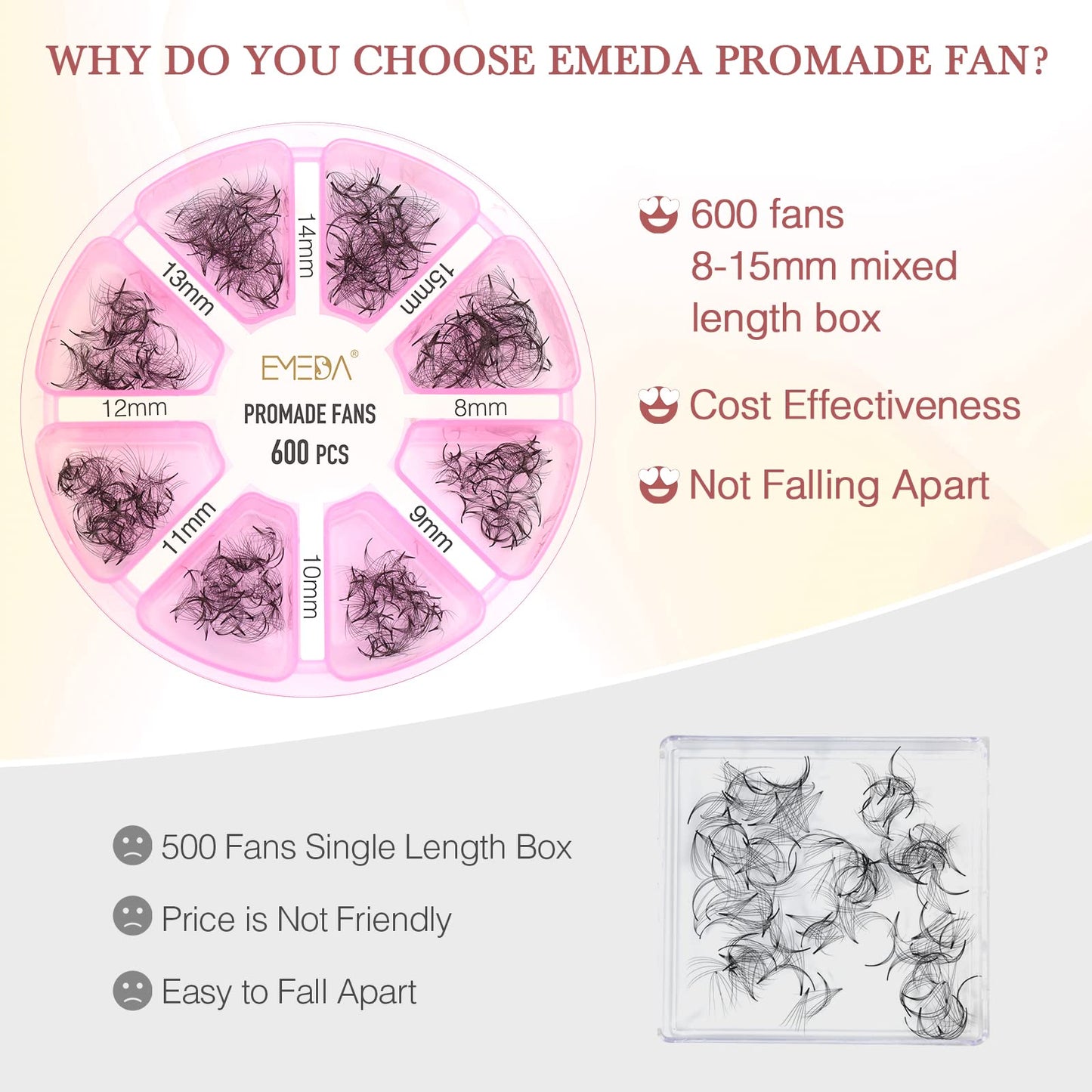 Premade Fans Eyelash Extensions 600 pcs Pointy Thin Base Promade Loose Fans Stable D Curl 9-15mm Mix Lengths Long Stem Pre Made Volume Lashes with Reusable Silicone Pad by EMEDA (20D 0.05 D 8-15mm)