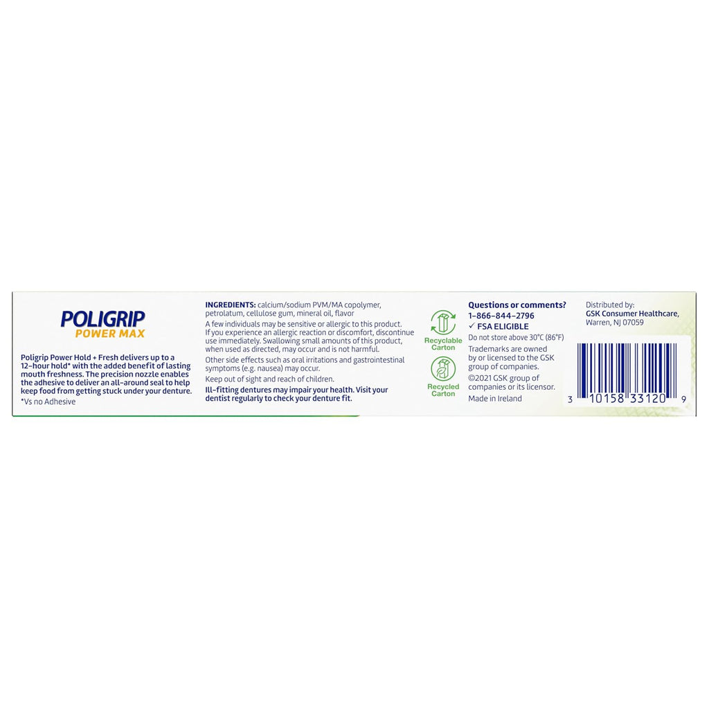 Super Poligrip Power Max Power Hold + Fresh Denture Cream, Premium Peppermint - 2.2 oz x 4