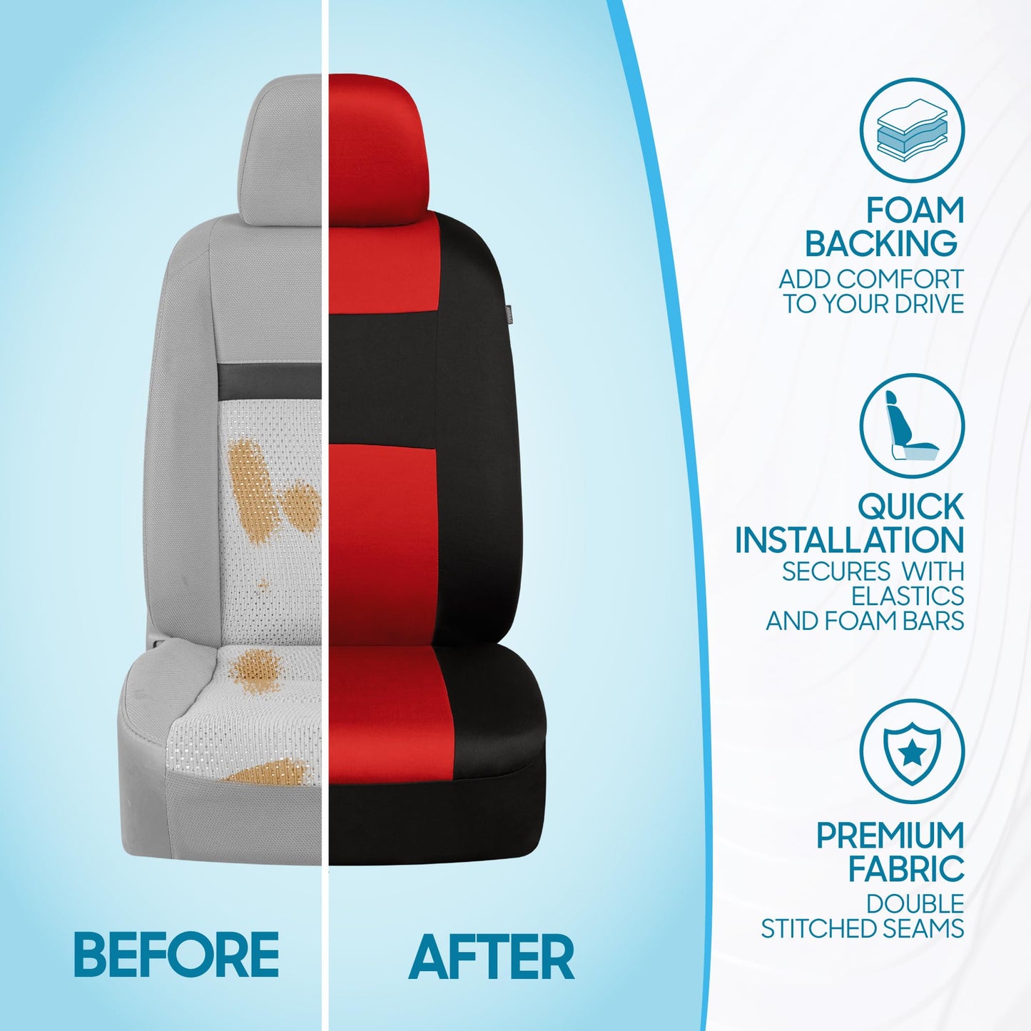 BDK PolyPro Car Seat Covers Full Set in Red on Black – Front and Rear Split Bench Seat Covers, Easy to Install, Accessories for Auto Trucks Van SUV