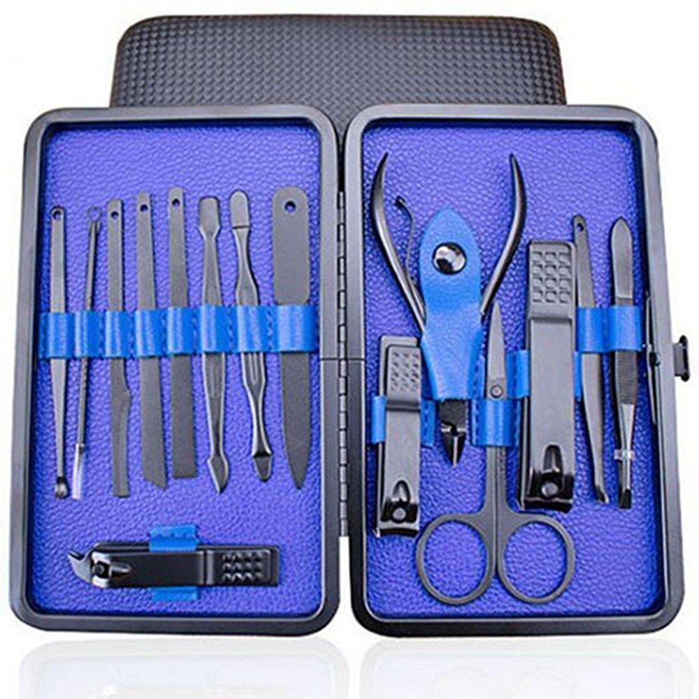 Manicure Set Nail Clipper Set - 15 Piece Stainless Steel Nail Care Tools -Fingernail Clippers,Toenail Clippers -Portable Travel & Grooming Kit Tools (Black&Blue)