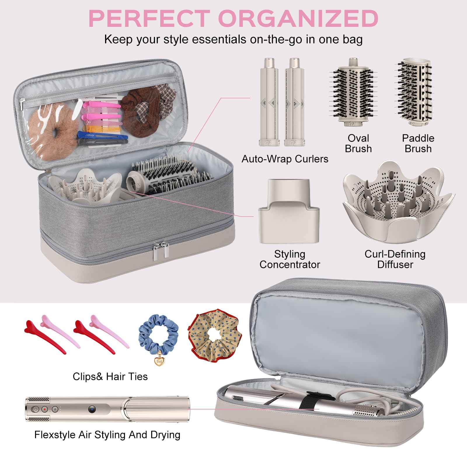 WINZEDGE Travel Carrying Case for Shark Flexstyle Air Styling & Drying System,Double-Layer Hair Accessories Tools Storage Bag for Dyson Airwrap Styler Organizer,Gray