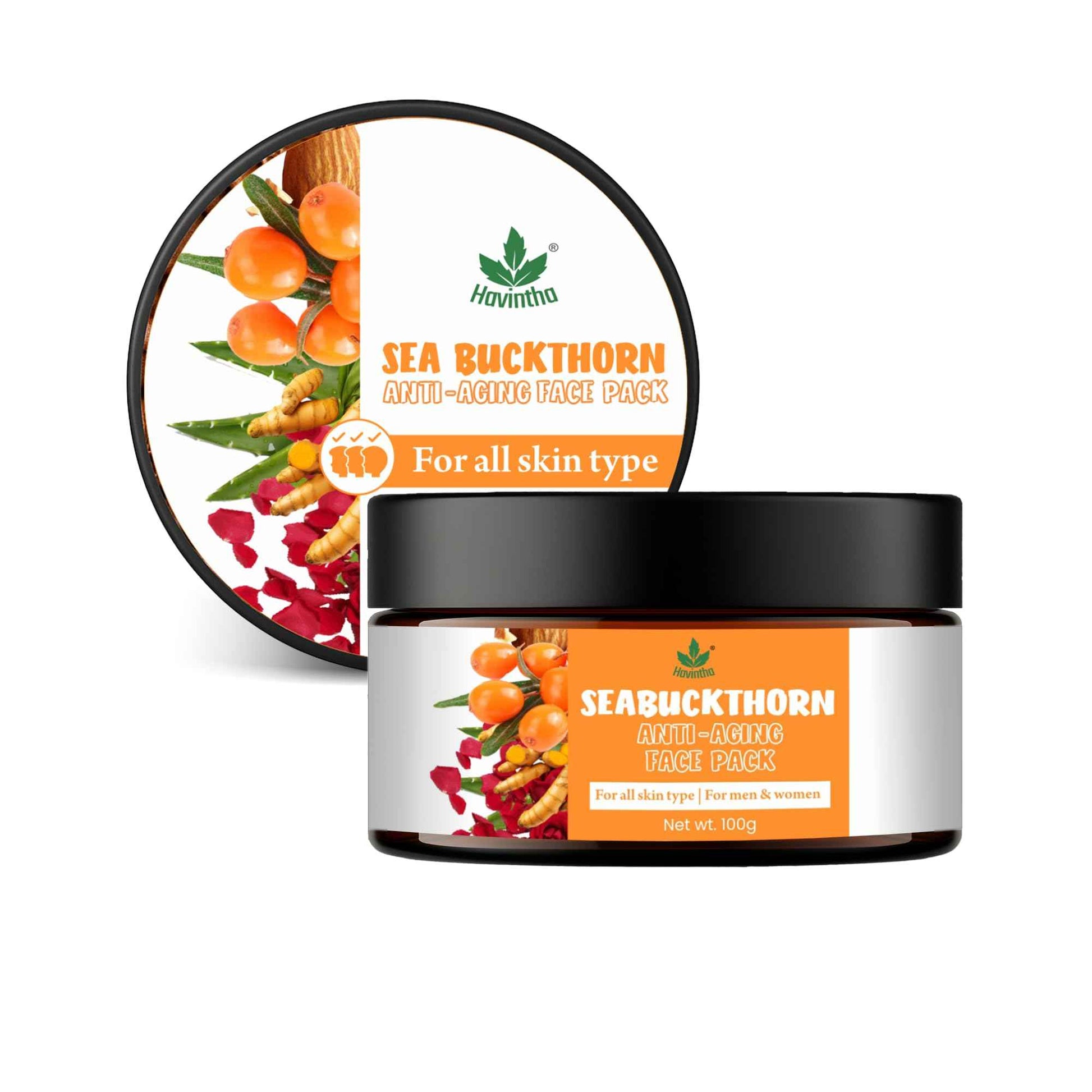 Havintha Sea Buckthorn Anti-Aging Face Pack | Natural Herbal Face Mask | Brightening Face Pack for Wrinkles, Fine Lines & Dark Spots - 100g