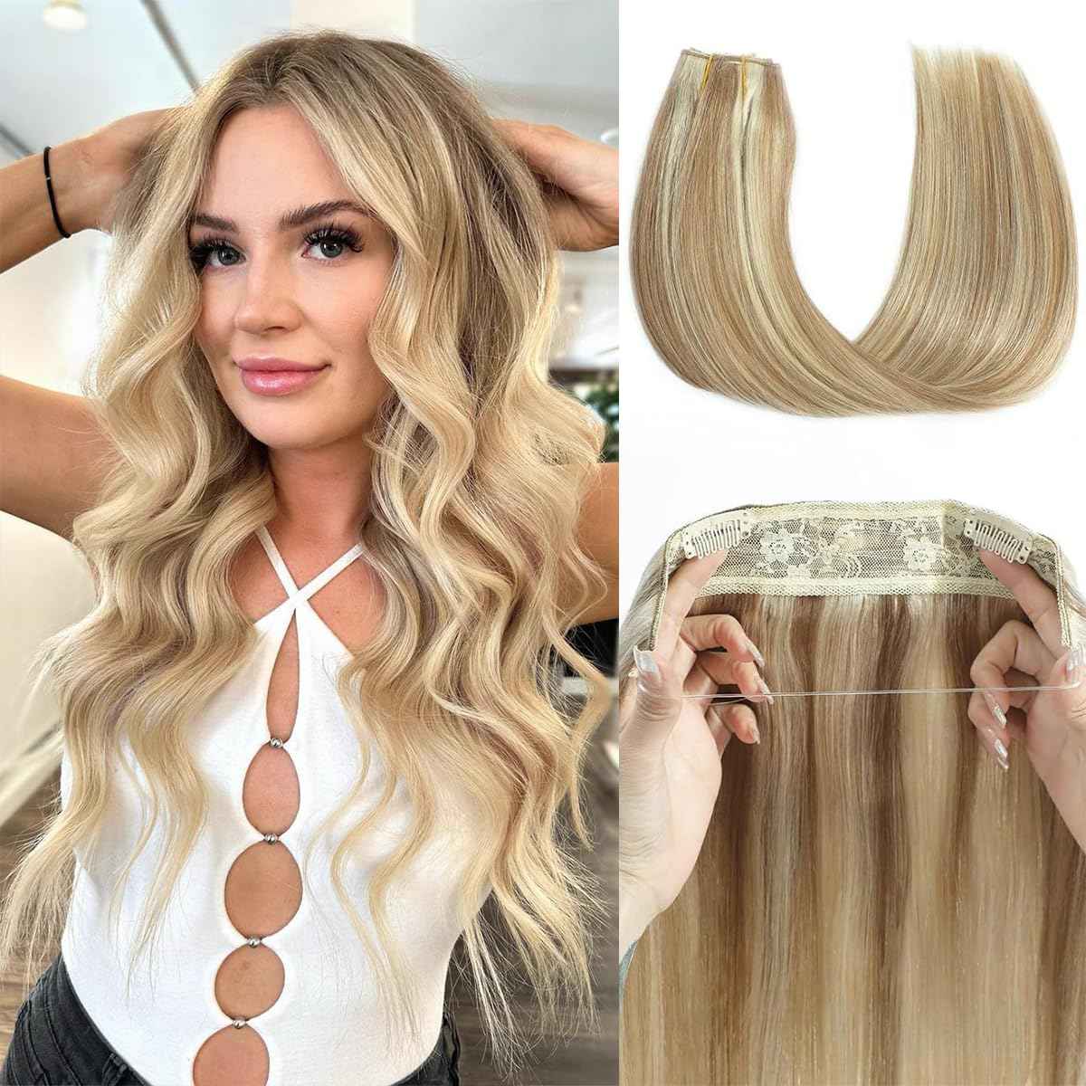 Star Show Wire Hair Extension Human Hair For Women Ash Blonde 16# with Bleach Blonde 613# Natural Straight Hair One Piece for Full Head (14 inch, Highlight Color #16/613)