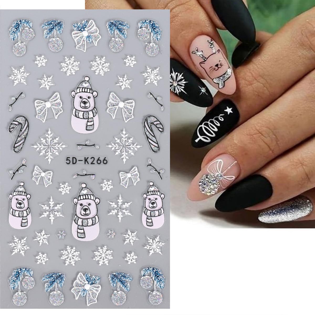 Christmas Nail Art Stickers 8 Sheet 5D Self-Adhesive Snowflake Nail Decals Sliver Glitter Xmas Tree Bell Snowman Winter Nail Art Charms Design Christmas Stickers for Women Nail Art Decoration Supplies