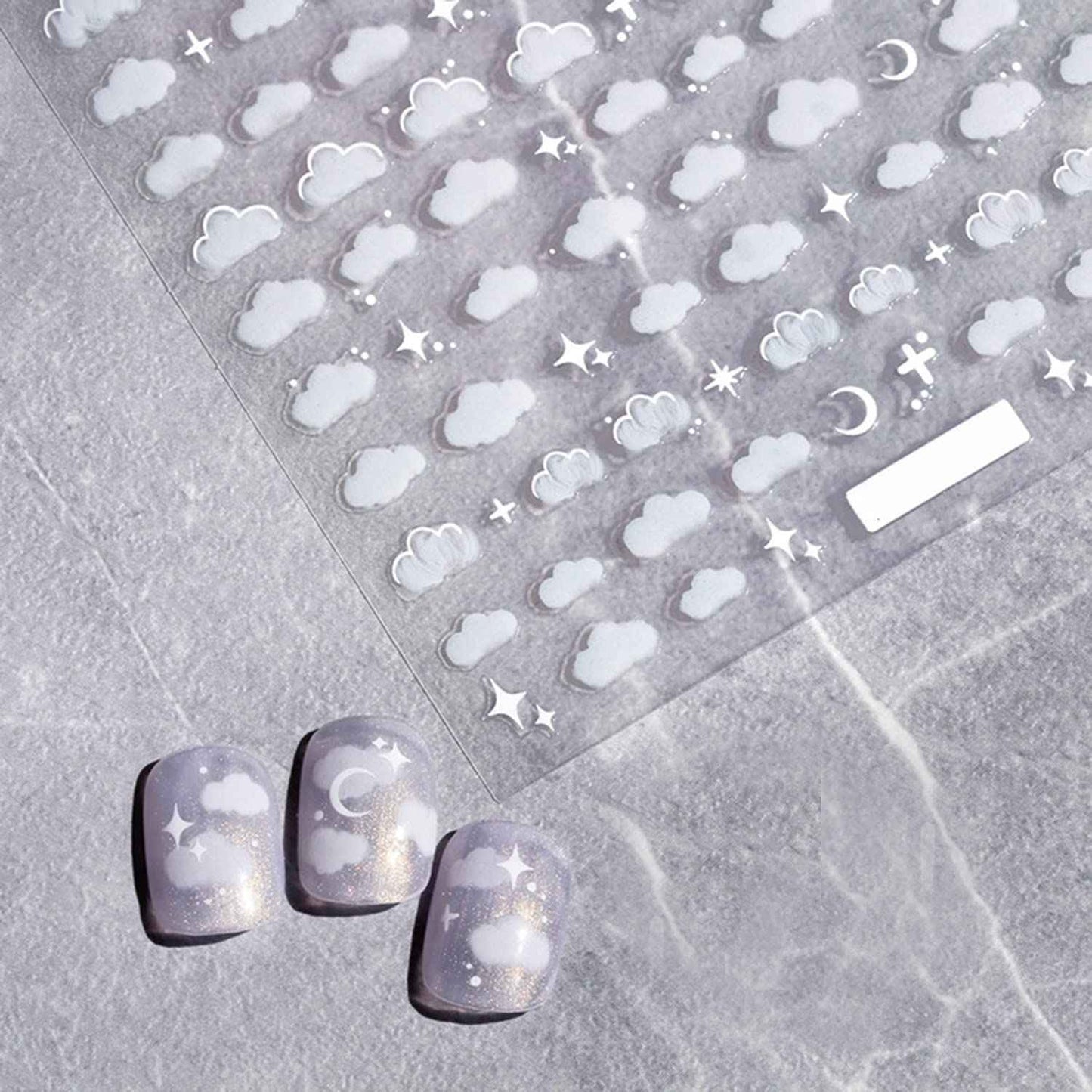 Night Sky Nail Art Sticker Decals 3D White Flowers Moon Star Cloud Pattern Nail Tips Semi Transparent Design Fashion Charm DIY Toenails Nail Tattoos for Women Girls Manicure Nail Decoration (3 sheets)