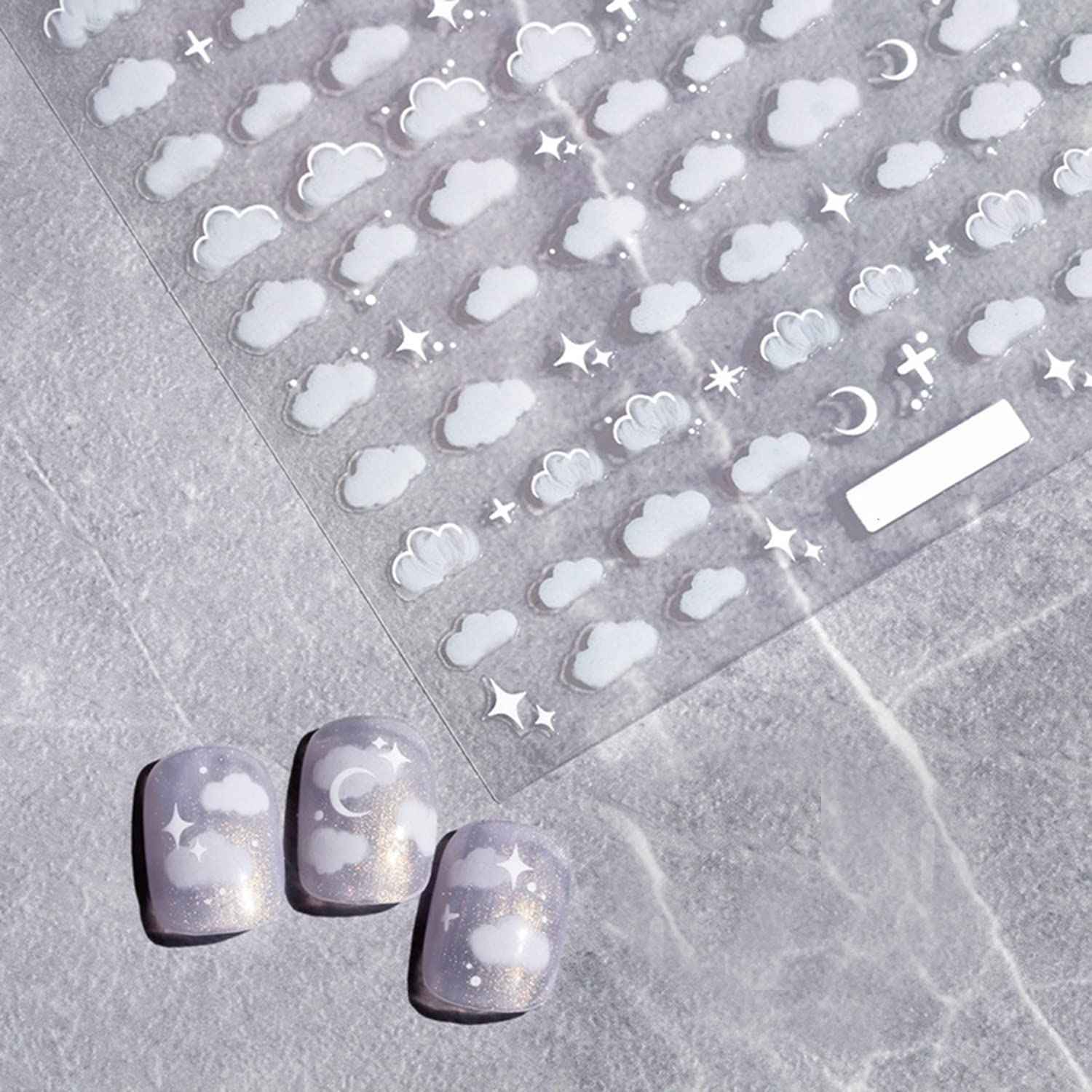 Night Sky Nail Art Sticker Decals 3D White Flowers Moon Star Cloud Pattern Nail Tips Semi Transparent Design Fashion Charm DIY Toenails Nail Tattoos for Women Girls Manicure Nail Decoration (3 sheets)