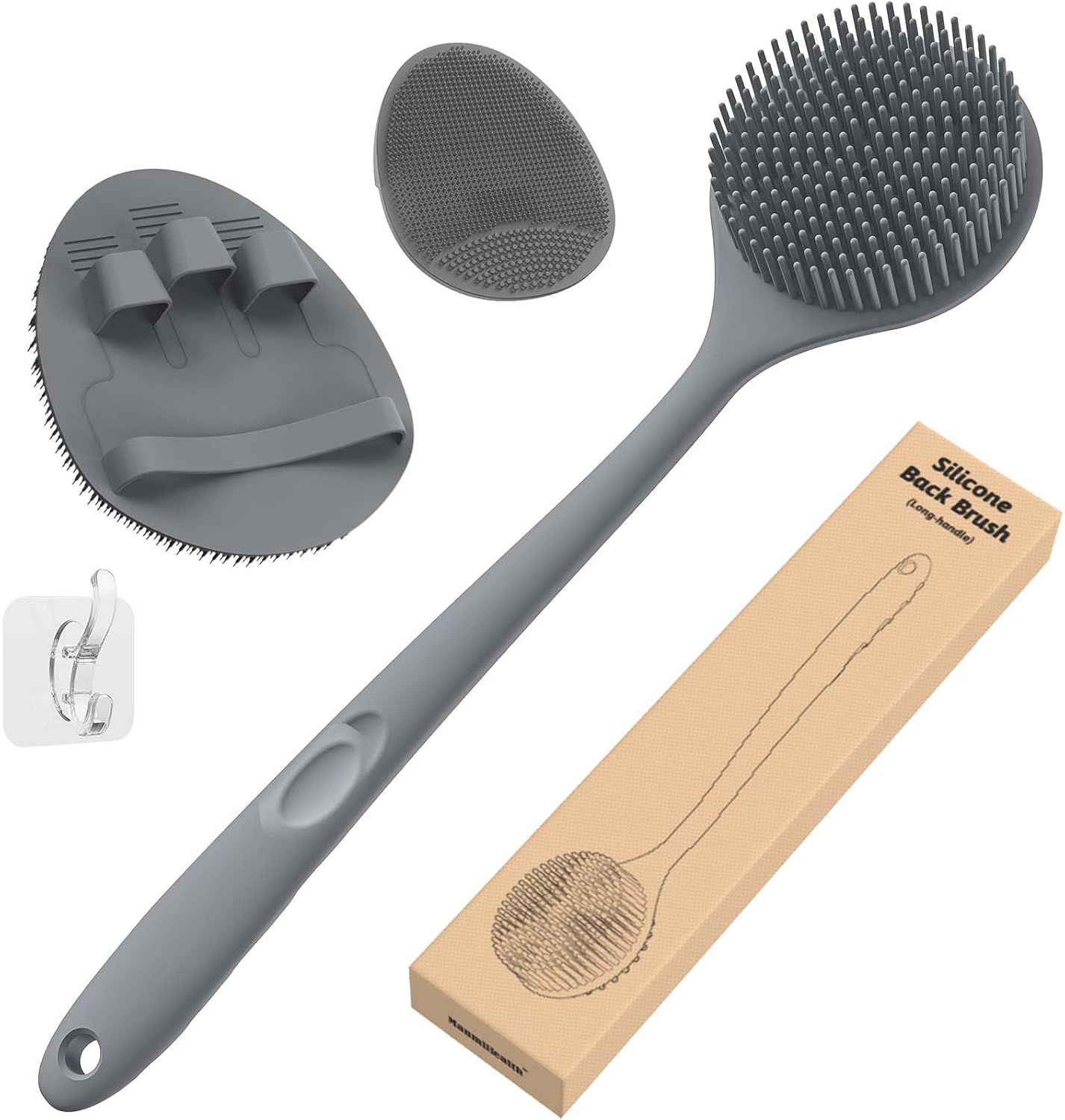 Manmihealth Silicone Back Scrubber (Thick Bristles) & Bath Glove & Face Brush Set(3PCS), Super-Exfoliating & Lathering Body Scrubber, Shower Brush, Face Scrubber Combination, with a Free Hook.(Black)