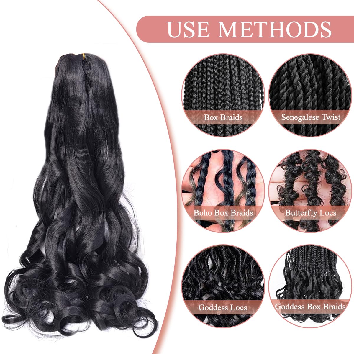 Luoyudu French Curly Braiding Hair 24Inch Loose Wavy 8 Packs #1B Black Bouncy Braiding Hair Extensions 75g/Pack Synthetic French Curl Crochet Hair Extensions（8packs,24Inch)