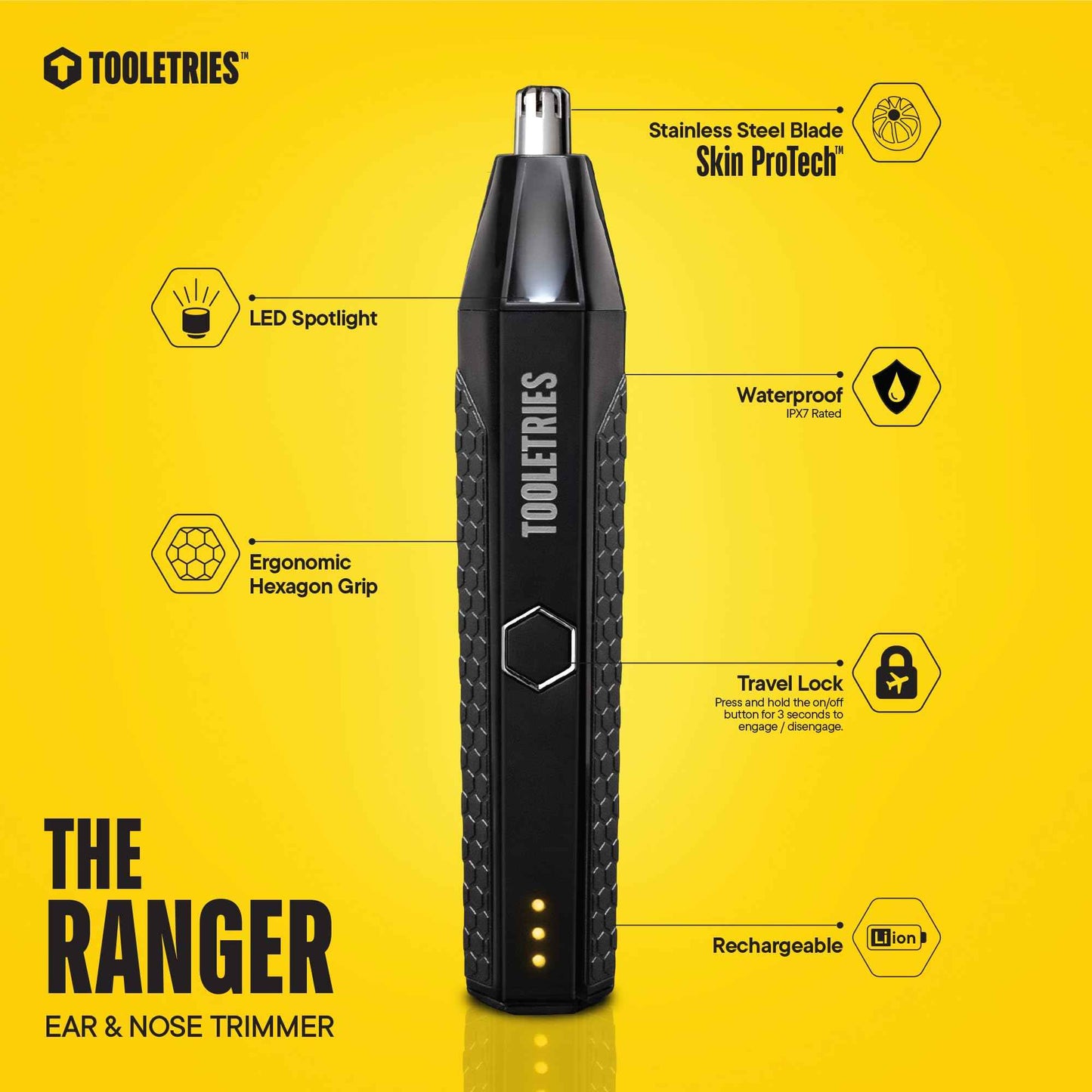 TOOLETRIES The Ranger - Electric Nose & Ear Hair Trimmer for Men, Wet/Dry Nose Clippers with Stainless Steel Blades, Waterproof, Rechargeable Li-Ion Battery, LED Spotlight, Travel Lock