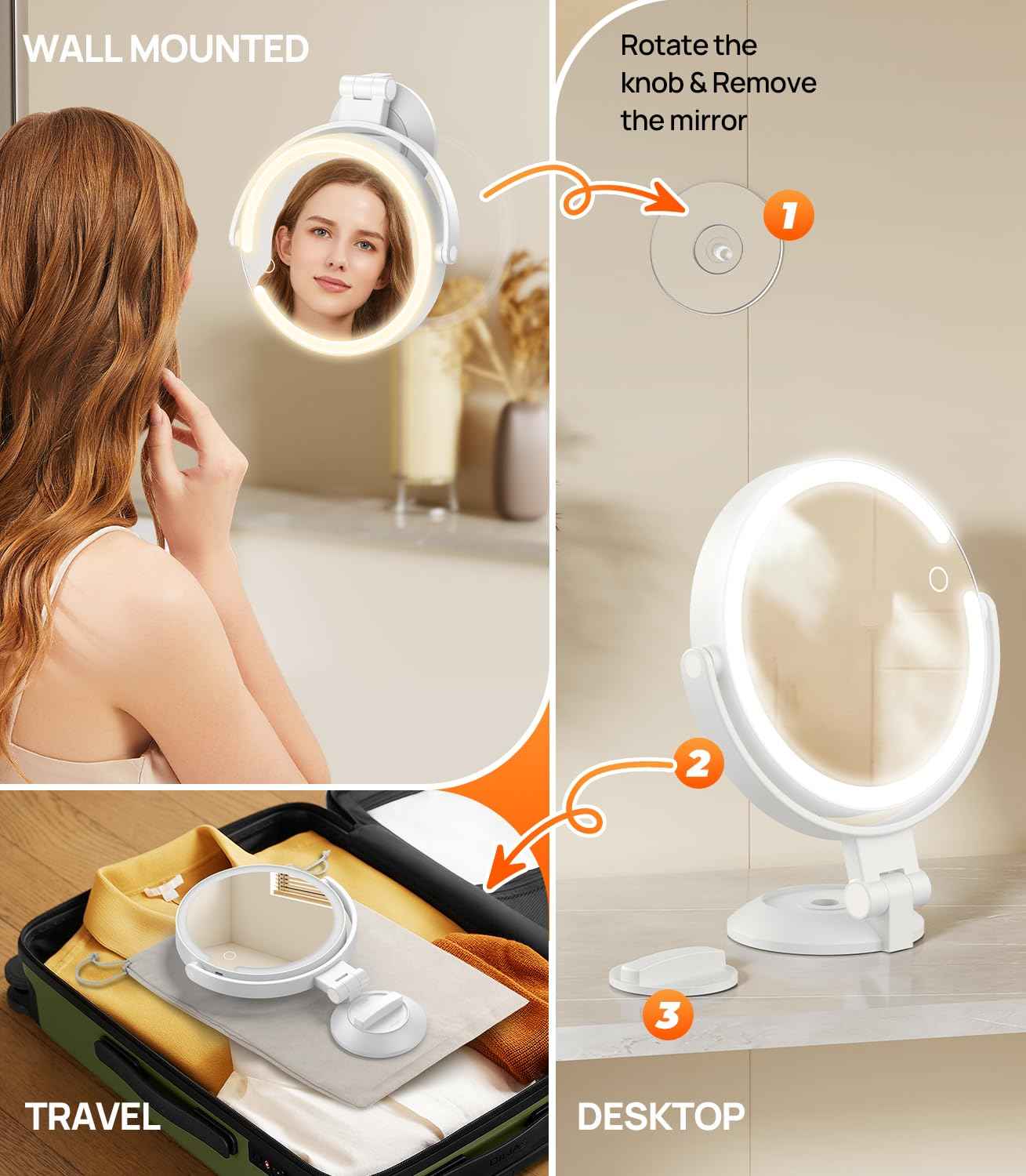 Gospire 7” Wall Mounted Makeup Mirror with Powerful Suction Cup, Double Sided 1X/10X Magnification, 3 Color Lights and Adjustable Brightness, 2000mAh Rechargeable Battery, Shaving for Men - White