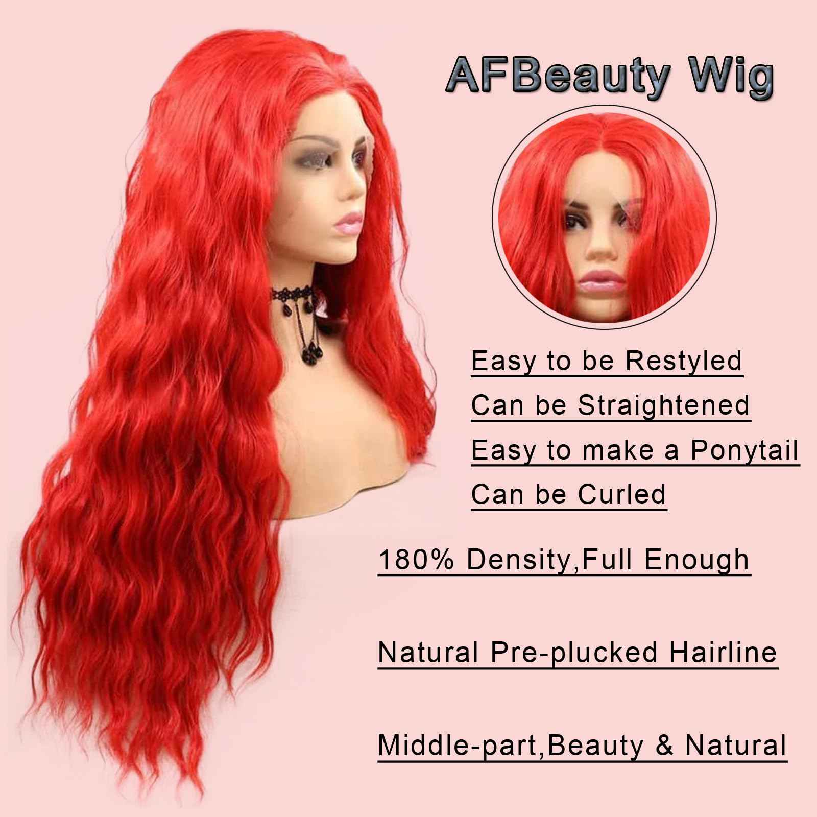 AFBeauty Bright Red Synthetic Lace Front Wig for Women Pastel Red Lace Front Wigs Pre Plucked Hairline Long Loose Wavy Curly Synthetic Lace Front Wig Glueless Heat Resistant 26 Inch Daily Cosplay