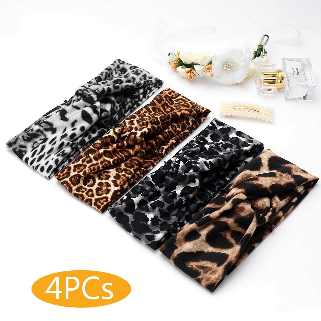 Fashband Boho Leopard Print Headbands Criss Cross Knotted Hair Bands Elastic Stretchy Twist Head Wraps Yoga Outdoor Head Scarfs Headpiece for Women Girls (Pack of 4)