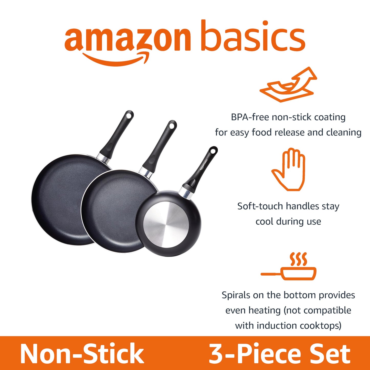 Amazon Basics 3-Piece Non-Stick Frying Pan Set - 8 Inch, 10 Inch & 12 Inch, Black