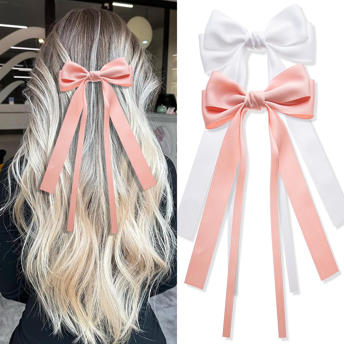 Large Hair Bows 2 PCS Ribbon Bow for Women,Hair Bows for Women,Oversized Long-tail Cute Aesthetic Hair Accessories,Large Hair Barrettes for Women,Big Bows for Girls（white, pink）