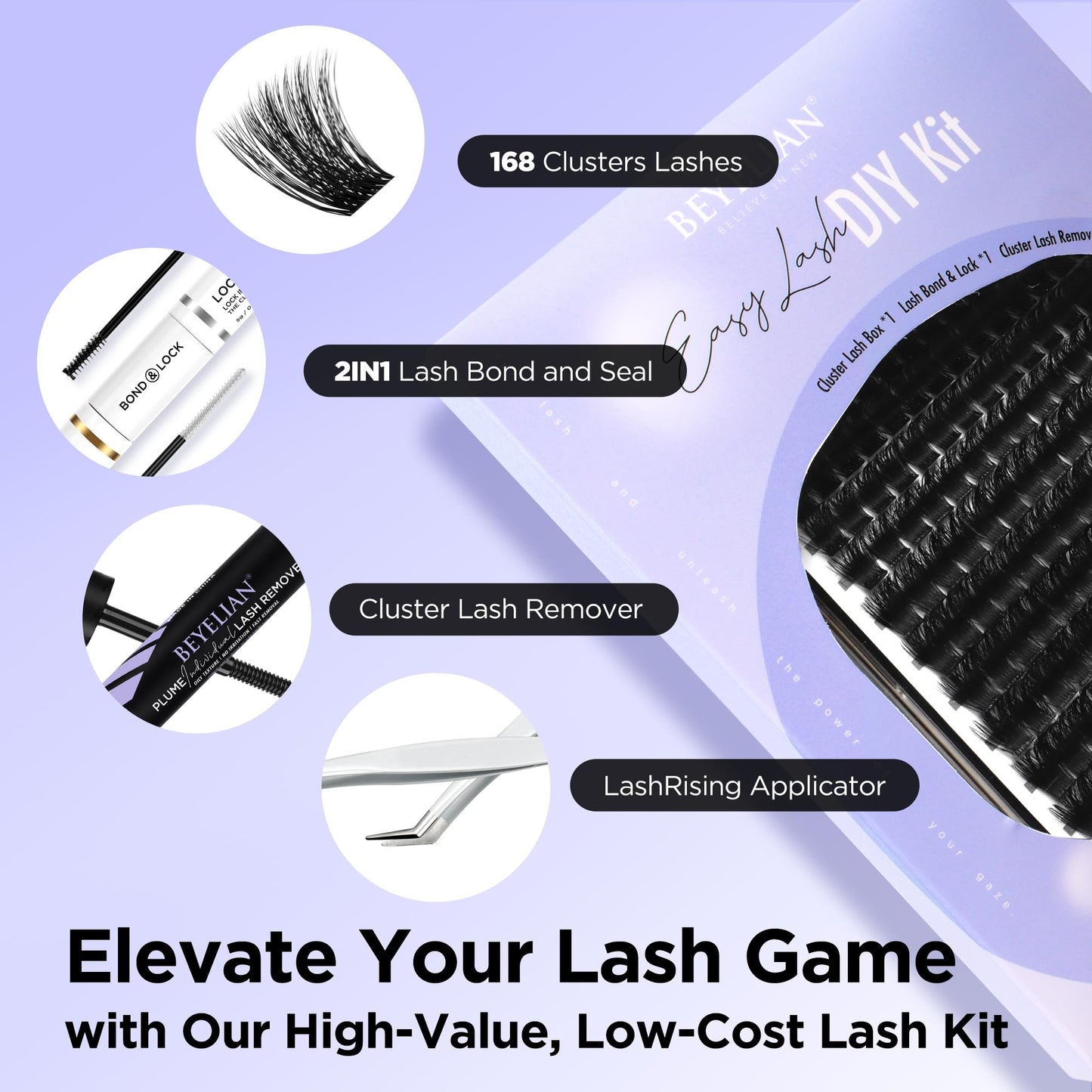 BEYELIAN Lash Extension Kit D Curl 168 Pcs Lash Clusters 10-16mm Lash Clusters Kit with Lash Bond and Seal and Remover Dense Look DIY Lash Kit Easy to Apply at Home (P13)