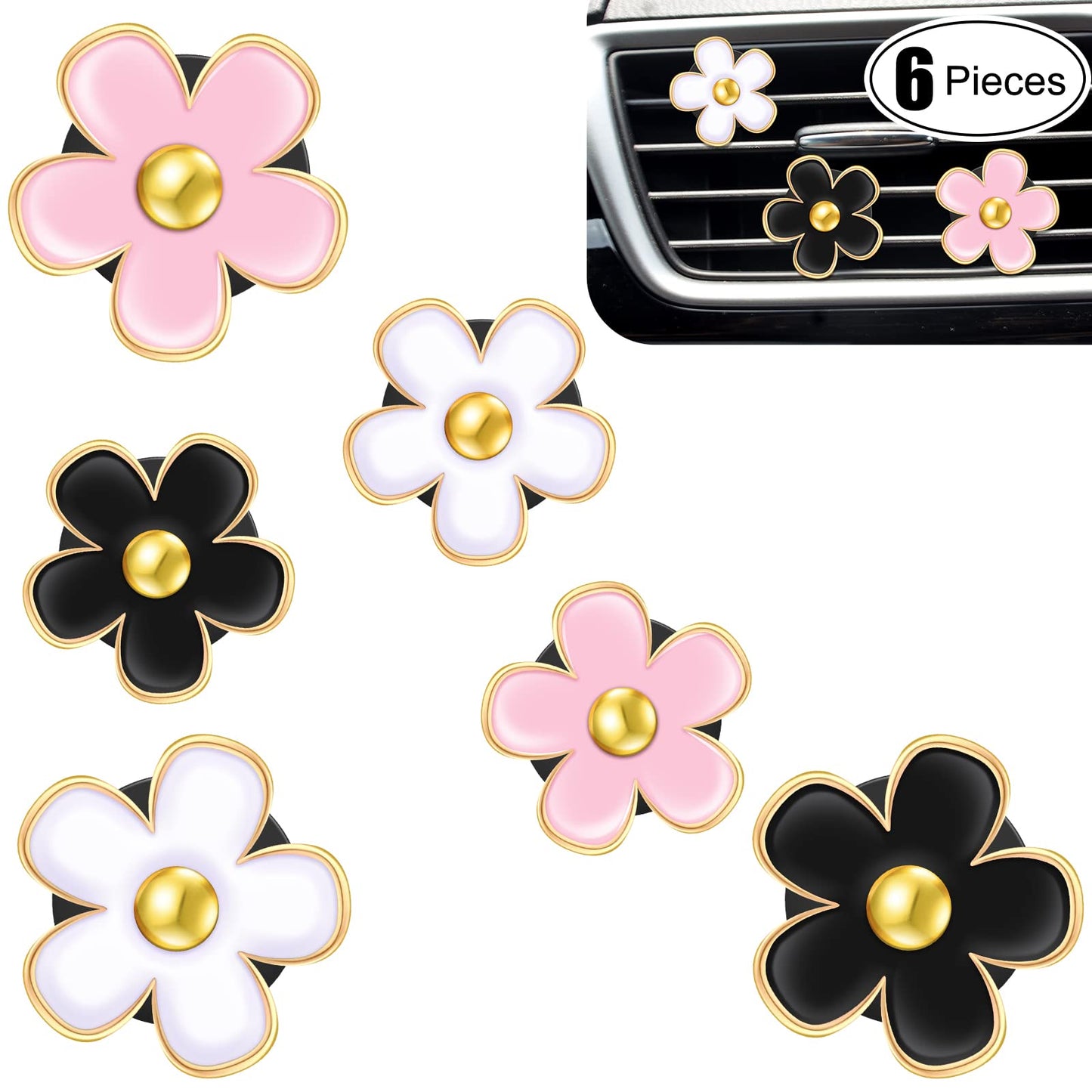 Frienda 6 Pcs Daisy Flower Air Vent Clip Air Freshener Outlet Clip Car Air Conditioning Clip Charm Car Inter Decor(Black, Pink, White, 3 cm, 3.3 cm)