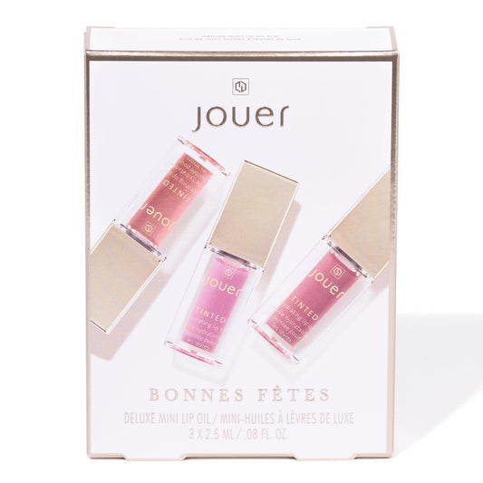 Jouer Bonnes Fêtes Deluxe Mini Lip Oil - Tinted Hydrating Lip Oil Gloss – Moisturizing Dry Lip Treatment Serum - Fragrance Free Tinted Lip Oil - Jojoba Seed Oil and Apricot Oil Formula - Valued at $42