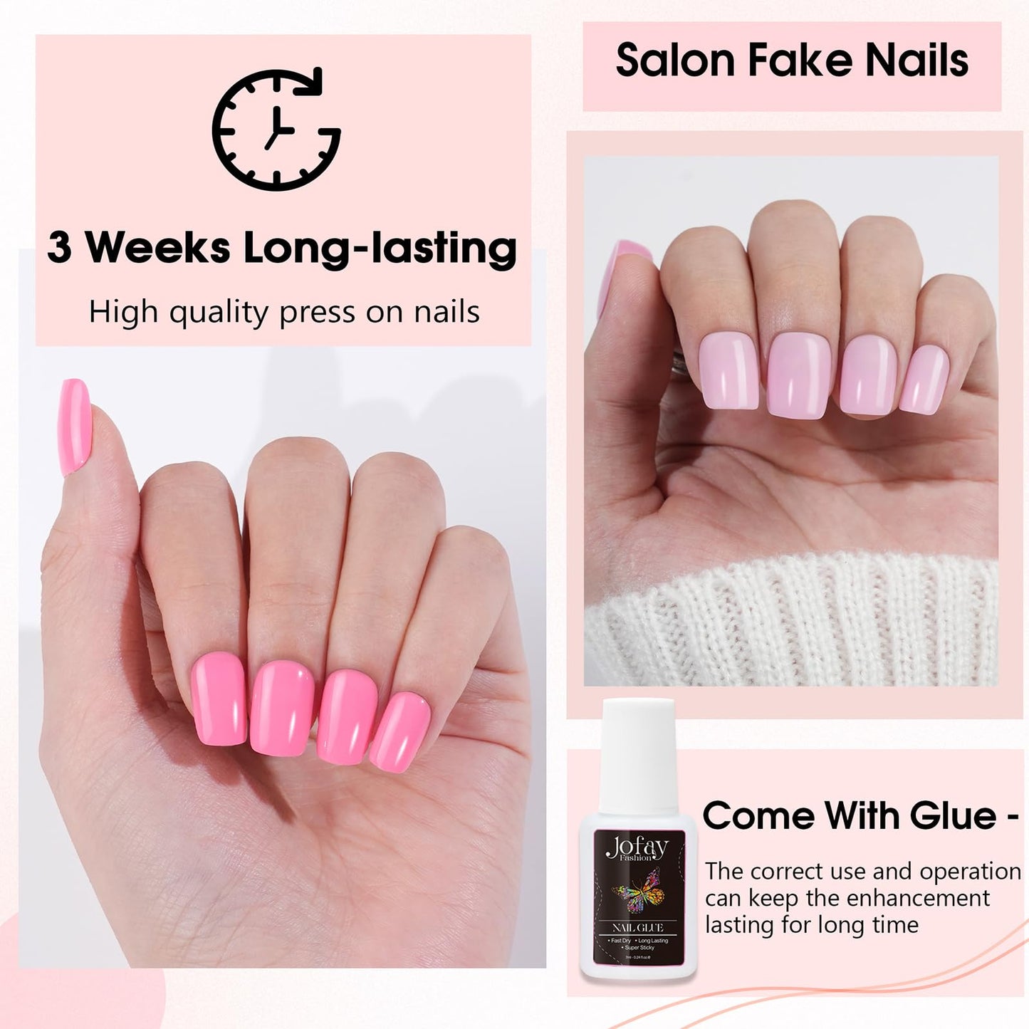 False Nails Tips - Acrylic Nail Tips Jofay Fashion Press On Nail Short Kit Classic Pink Solid Designs Artificial Nails Glue On Stick nails Salon Like Nail Art for Women and Girls 240Pcs