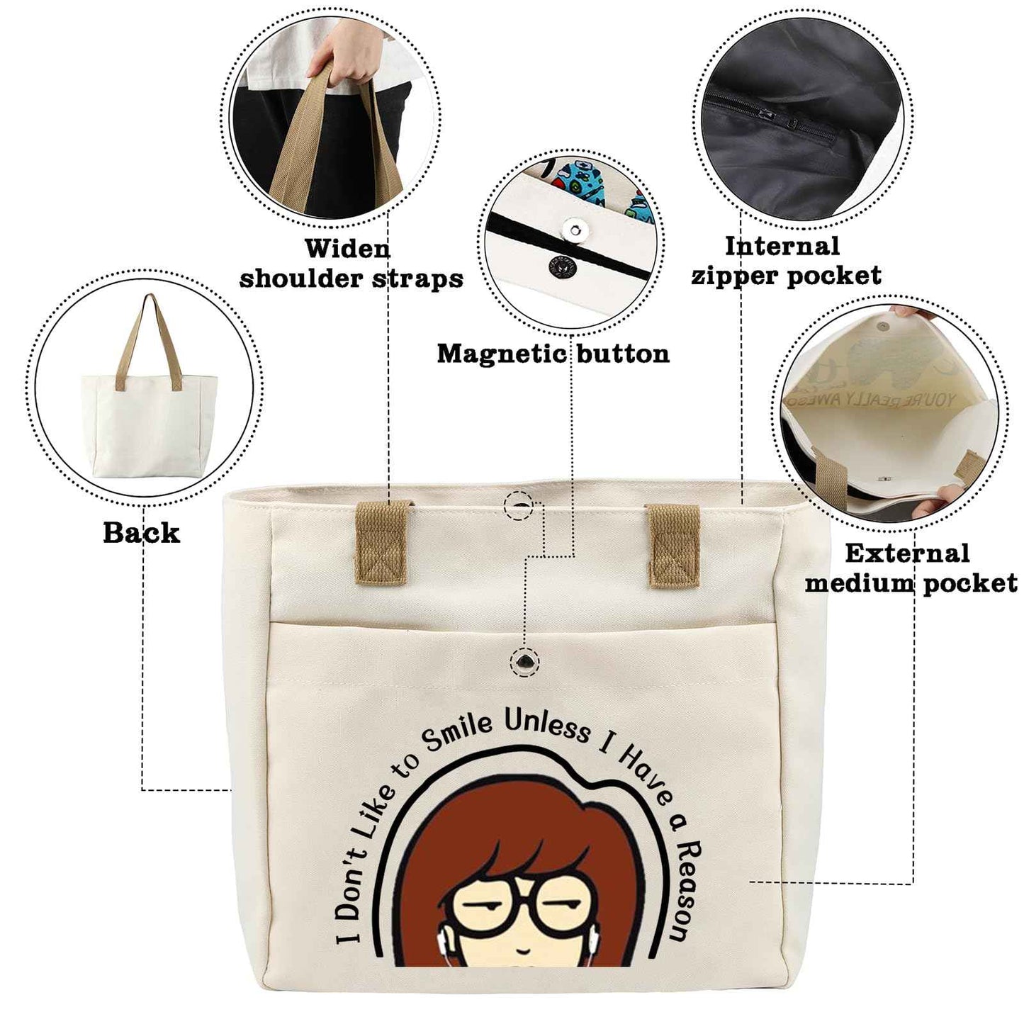 CMNIM Cartoon Merchandise Gift I Don't Like To Smile Unless I Have a Reason Larger Tote Bag 90s TV Show Merch for Fans