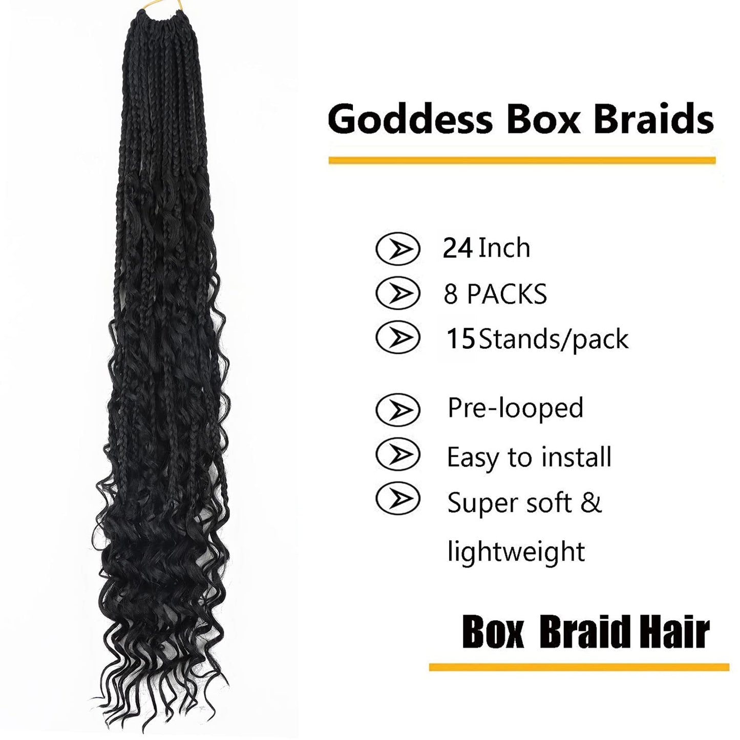 LMZIM 24 Inch 8 Packs Boho Box Braids Crochet Hair Bohemian Crochet Box Braids with Curly Ends Goddess Box Braids Synthetic Crochet Hair for Black Women (24inch, 1b)