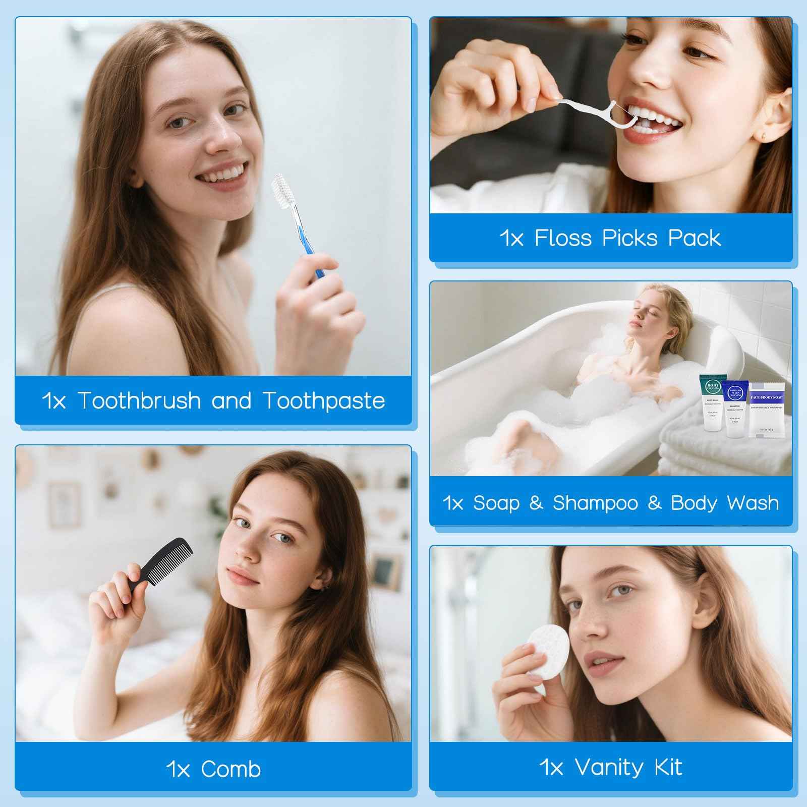 Toiletry Kits Travel Essentials Disposable Hygiene in Bulk, Trial Size Toiletries Supplies Individually Wrapped Traveling Personal Care Items, for Camping, Hotel, Homeless, Charity, 8-in-1 (20-Pack)