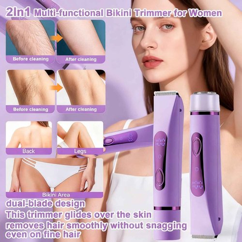 Bikini Trimmer Electric Razors for Women, Rechargeable Pubic Body Hair Trimmer 2-in-1 Electric Shaver for Legs Body Hair, Bikini Shaver (Purple)