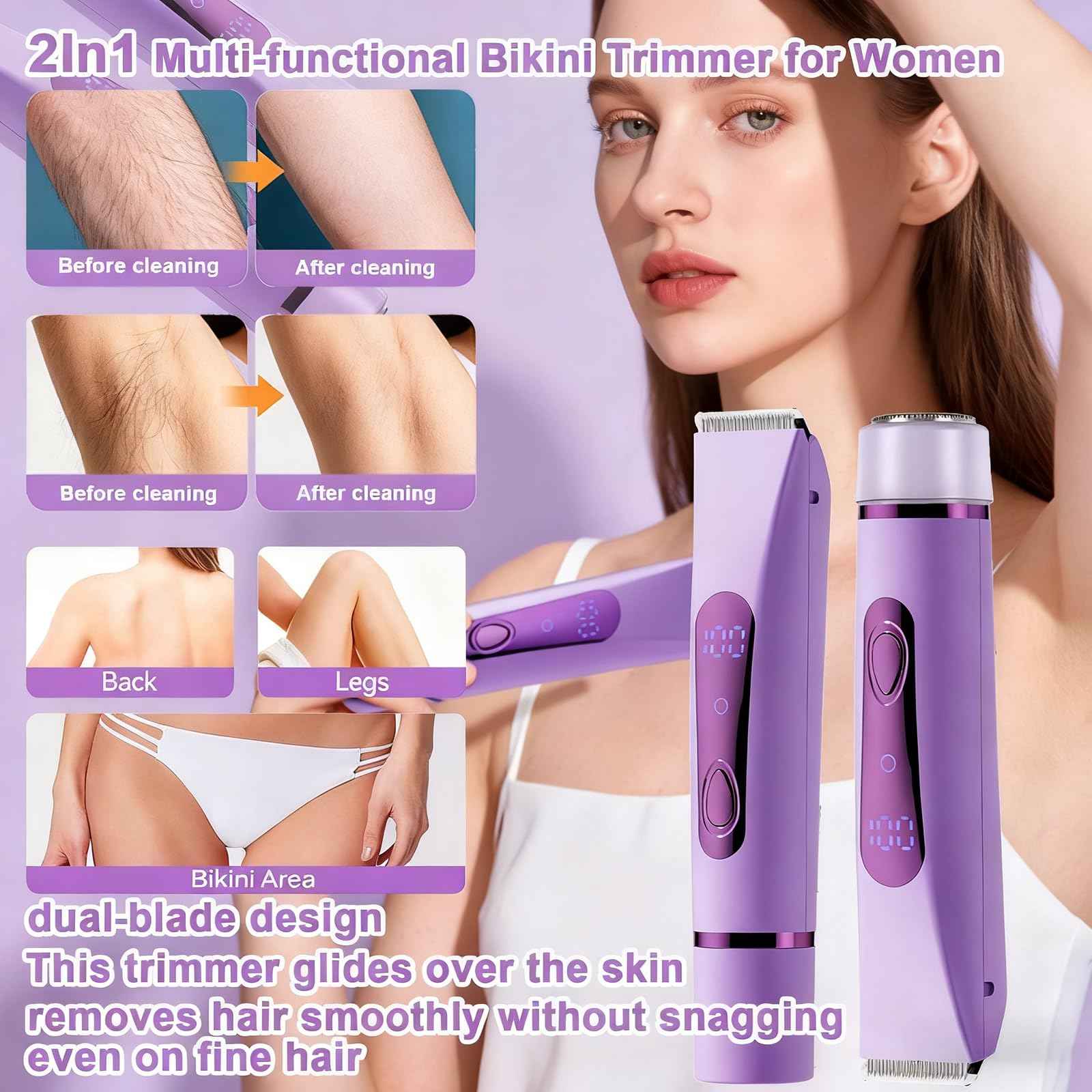 Bikini Trimmer Electric Razors for Women, Rechargeable Pubic Body Hair Trimmer 2-in-1 Electric Shaver for Legs Body Hair, Bikini Shaver (Purple)