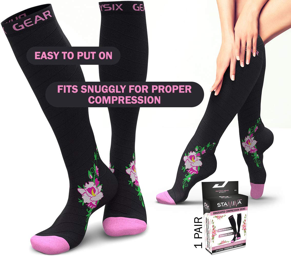 Physix Gear Compression Socks 20-30 mmHg - Men & Women - Running, Nurses, Shin Splints, Flight, Travel (BLACK / PINK FLOWER-L/XL)