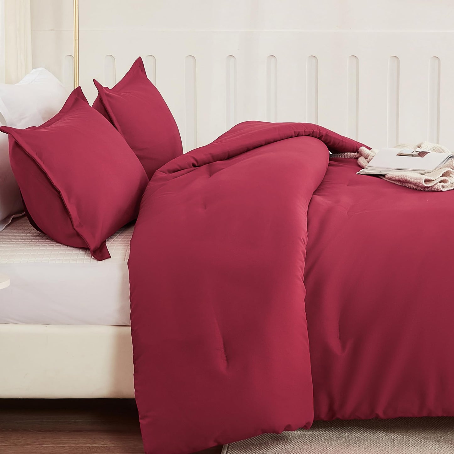 Litanika Burgundy Red Comforter Set Twin/Twin XL Size, 2 Pieces Lightweight Solid Bedding Comforter Set, All Season Fluffy Bed Set (66x90In Comforter & 1 Pillowcase)