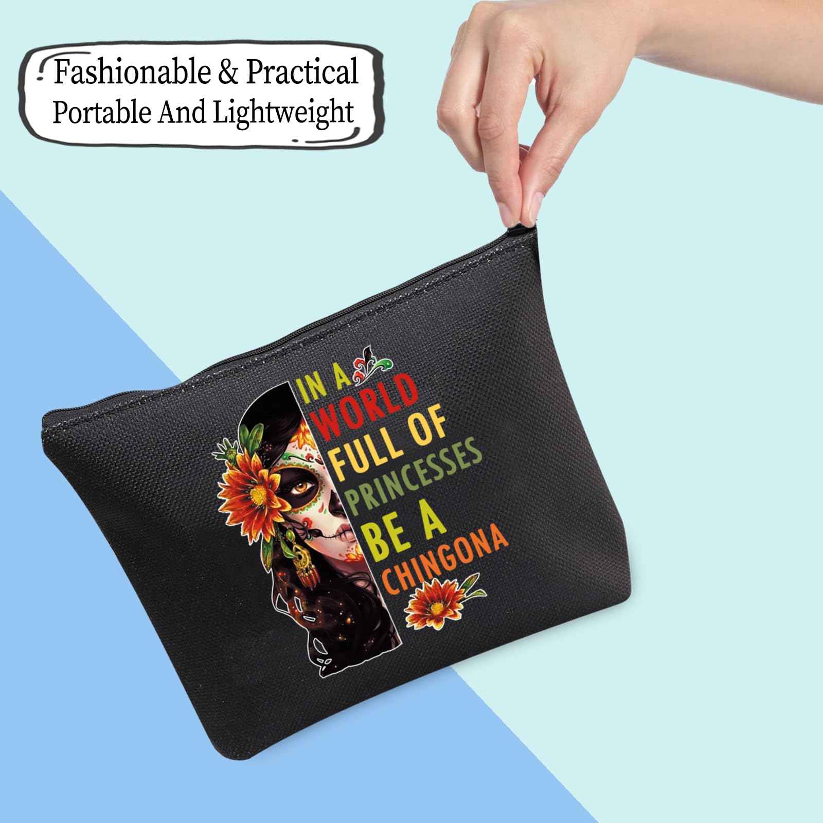 JXGZSO Mexican Lady Cosmetic Bag In A World Full Of Princesses Be A Mexican Makeup Bag Badass Women Gift (Mexican women black)
