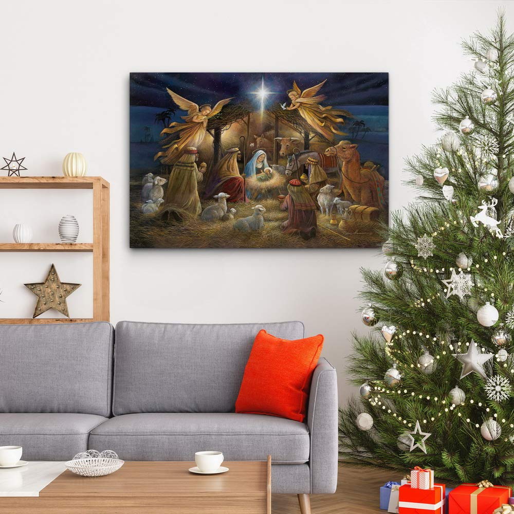 Renditions Gallery Nativity Scene Wall Art, Christ in a Manger, Jesus Christ, Mary, & Joseph, Religious Christmas Scene, Gallery Wrapped Canvas Decor, Ready to Hang, 18 in H x 27 in W, Made in America