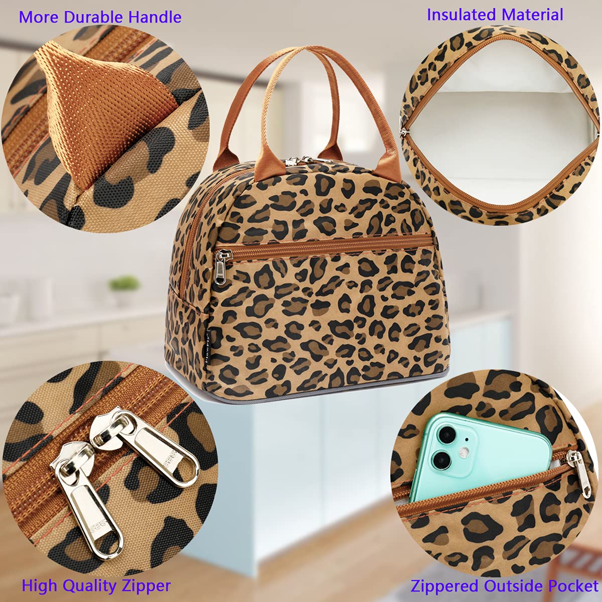 FlowFly Lunch Bag Tote Bag Lunch Organizer Lunch Holder Insulated Lunch Cooler Bag for Women/Men,Leopard